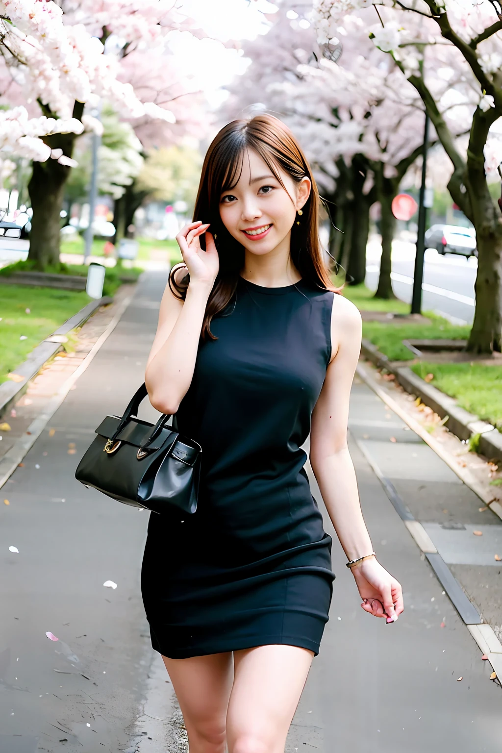 Ultra high image quality, live action, 8K, walking under cherry blossom trees in full bloom, riverside, cherry blossom tree-lined street, mini dress, natural smile, big breasts, beautiful legs, high heels, shoulder bag hanging from shoulders, long hair swaying in the wind, petals dancing in the wind, dance,