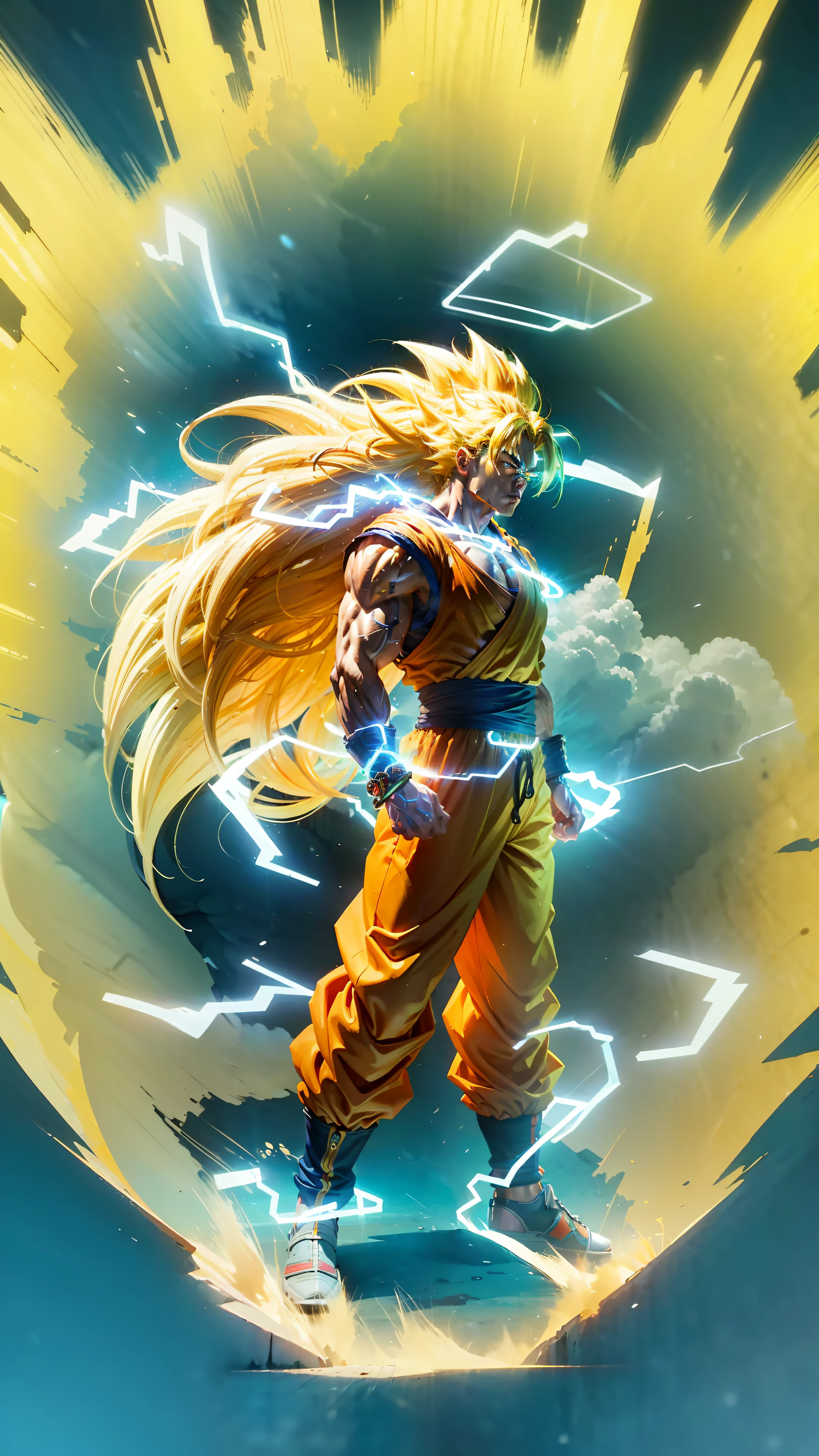 Goku, Adult man with long neon golden hair extremely muscular, defined muscles full of veins, dark orange colored clothing, blue bracelets on the wrists, serious face, muscle definition, large shoulders, rounded biceps, unreal engine 5.8k.