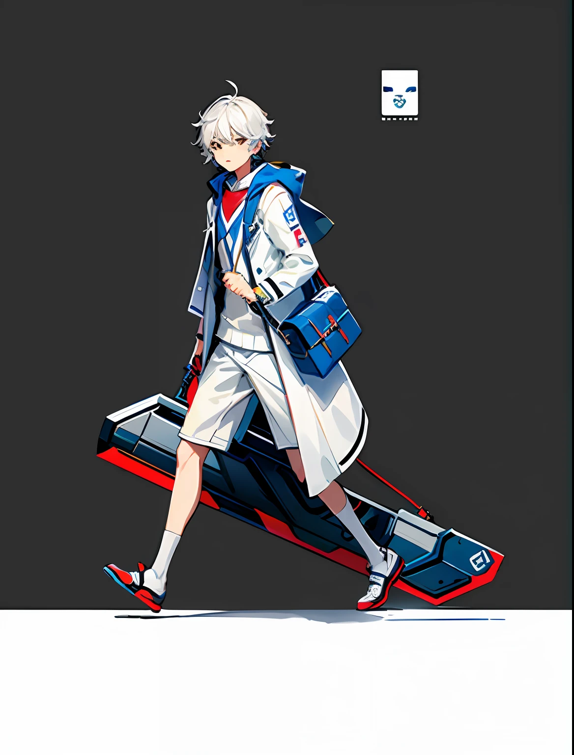 A boy, full body concept, detailed full body concept, ((character concept art)), detailed full body concept art, white clothes embellished with some gray, transparent plastic coat, walking with a satchel, silver hair, futuristic technology outfit, azure route style,