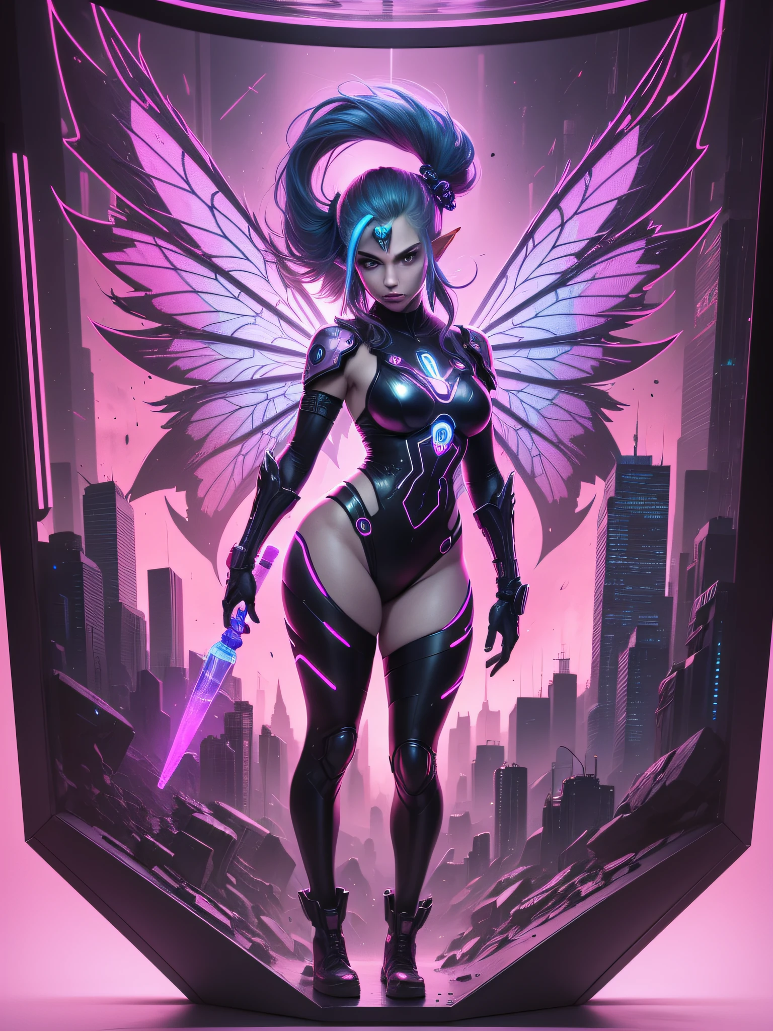 "Image Type: Concept Art.
Subject: A reinterpretation of a classic Zelda game element. A cyberpunk-style fairy, with glowing neon wings and cybernetic enhancements, trapped within a sleek, high-tech bottle. The bottle is clear, with a polished, reflective surface and a neon-colored seal.
Art Style: High detail, vibrant neon colors contrasting with dark tones, typical of cyberpunk aesthetics. Melding classic gaming iconography with a futuristic look and feel."