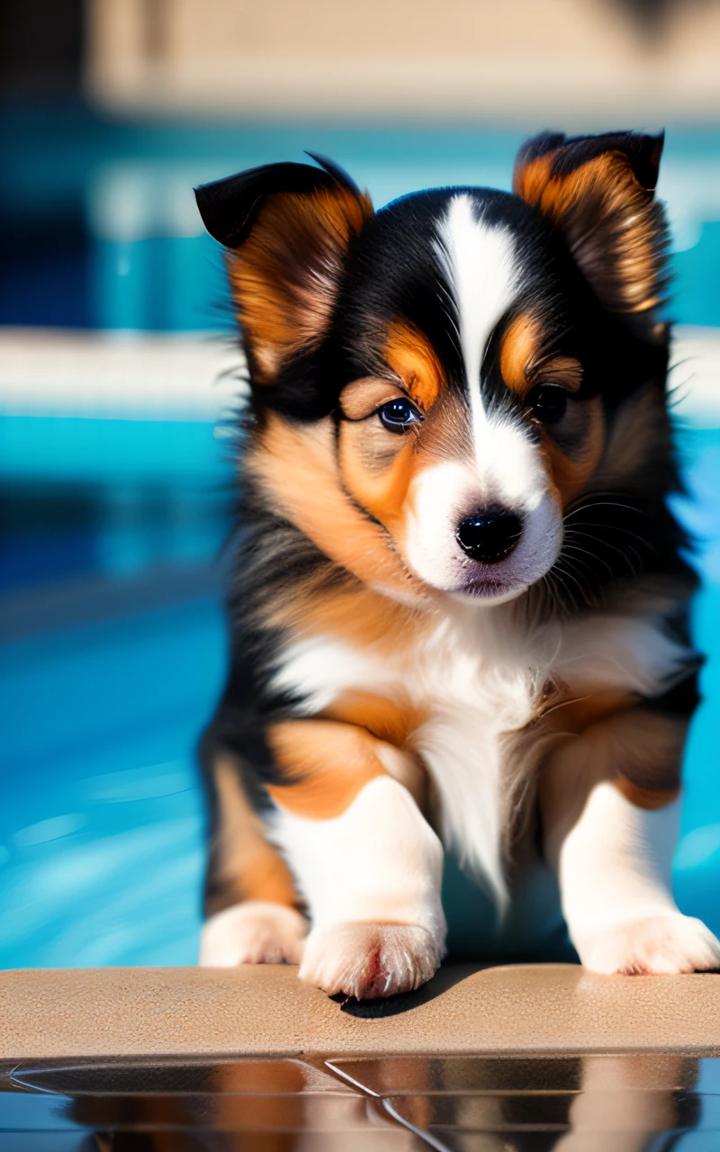 hyper Quality,Cute two Shetland Sheepdog puppies,different body colors,swimming in the pool,black eyes,barking,narrow eyes,smile,eos r3 28mm