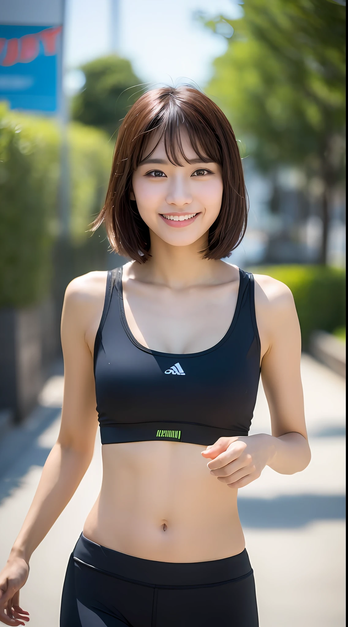 ((Top Quality, 8k, Masterpiece: 1.3)), Sharp Focus: 1.2, Perfect Body Shape Pretty Woman: 1.4, Slender Abs: 1.2, (Layered Haircut, Big: 1.8), (Sports Bra: 2.0), (Jogging: 1.8), (Street: 1.2), Highly Detailed Face and Skin Texture, Detailed Eyes, Double Eyelids, Smile, Bokeh,