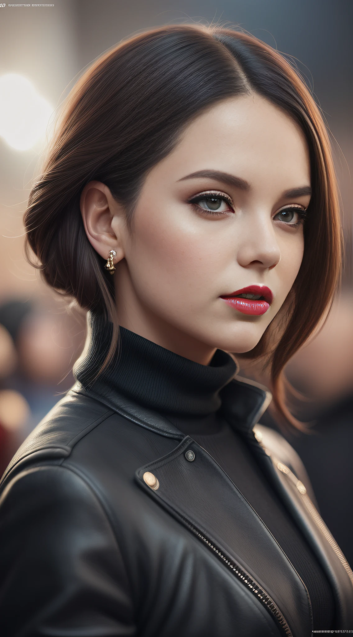photo of (kikip4ss0:0.99), a woman as a movie star, modelshoot style, buzy Paris Surrounded (extremely detailed CG unity 8k wallpaper), photo of the most beautiful artwork in the world, professional majestic oil painting by Ed Blinkey, Atey Ghailan, Studio Ghibli, by Jeremy Mann, Greg Manchess, Antonio Moro, trending on ArtStation, trending on CGSociety, Intricate, High Detail, Sharp focus, dramatic, photorealistic painting art by midjourney and greg rutkowski, (long brown coat), (turtleneck), ((comicon event)), (leather trousers), ((standing on the red carpet)), ((paparazzi in the background)), (looking at viewer), (detailed pupils:1.3), (modern outfit:1.2), (closeup), red lips, (eye shadow)