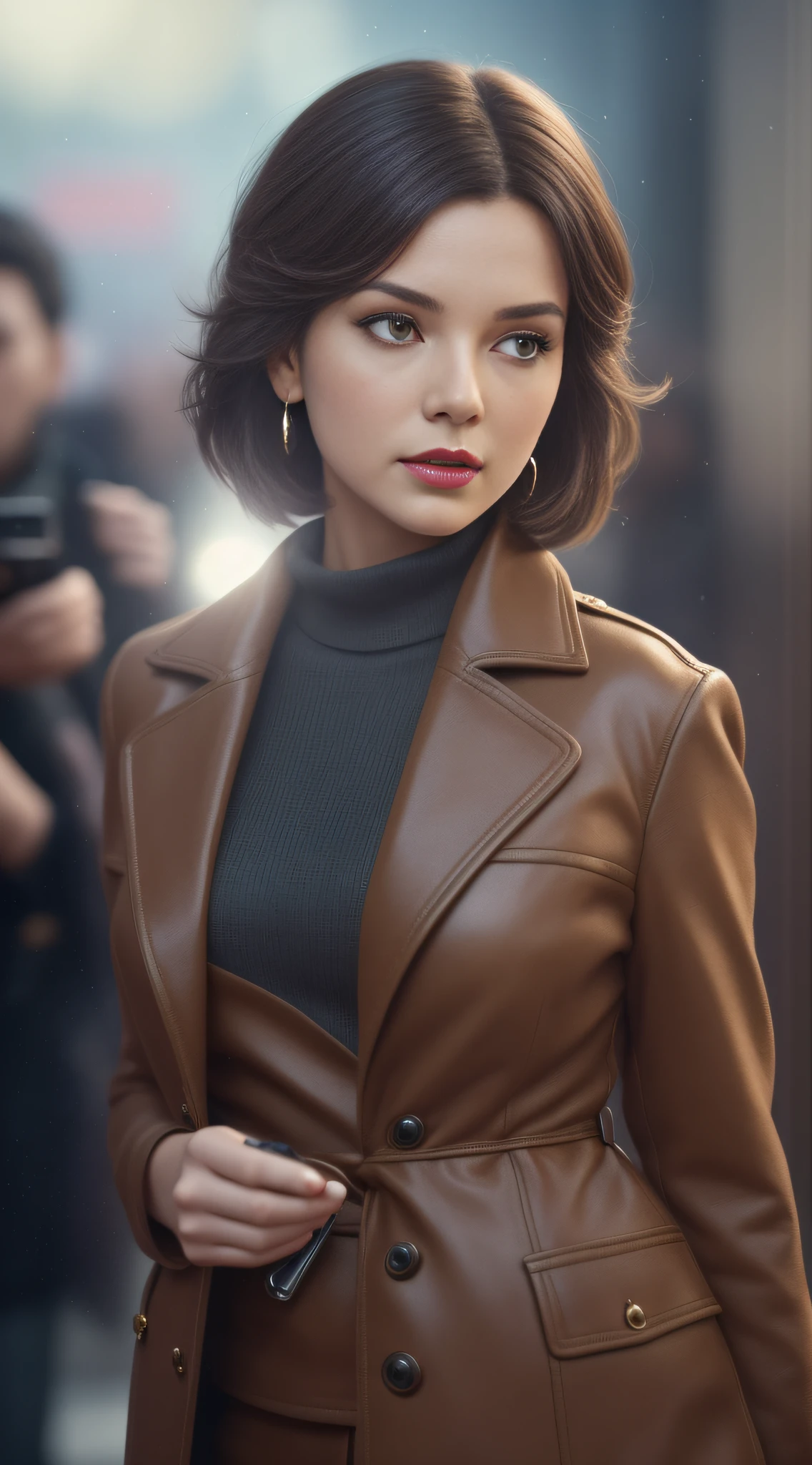photo of (kikip4ss0:0.99), a woman as a movie star, modelshoot style, buzy Paris Surrounded (extremely detailed CG unity 8k wallpaper), photo of the most beautiful artwork in the world, professional majestic oil painting by Ed Blinkey, Atey Ghailan, Studio Ghibli, by Jeremy Mann, Greg Manchess, Antonio Moro, trending on ArtStation, trending on CGSociety, Intricate, High Detail, Sharp focus, dramatic, photorealistic painting art by midjourney and greg rutkowski, (long brown coat), (turtleneck), ((comicon event)), (leather trousers), ((standing on the red carpet)), ((paparazzi in the background)), (looking at viewer), (detailed pupils:1.3), (modern outfit:1.2), (closeup), red lips, (eye shadow)