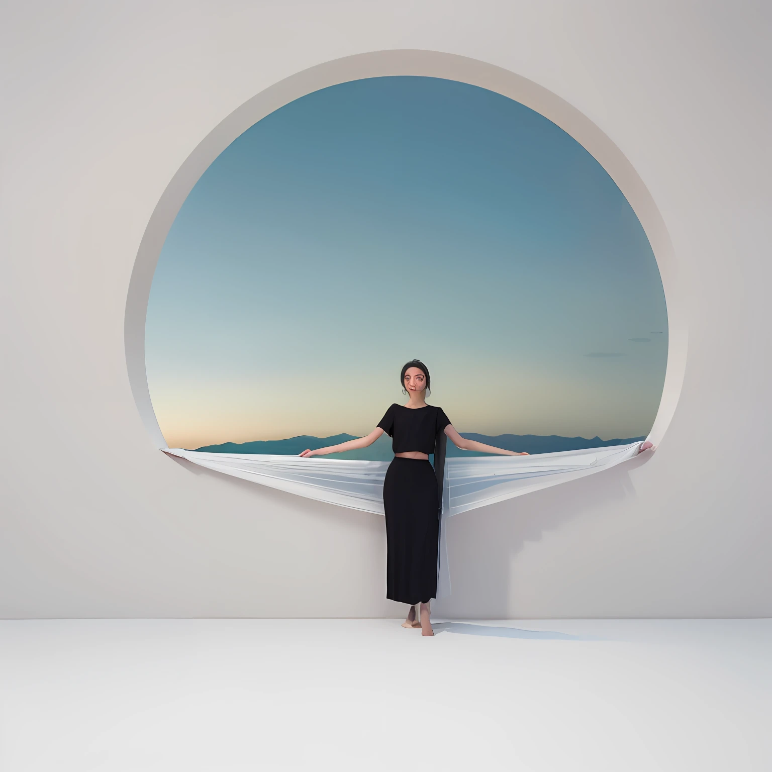 Årafed woman in black dress standing in a white room with circular window inspired by Anna Hussli, with gradient sky and distant aerial perspective influenced mountain ridgeline on background, screen and silk, editorial photo, advertising photo, still of ethereal sheer translucent fabric, in front of white background, in a white room, anatomically accurate hands against the background of a white glowing window, Japan woman standing on one leg, resting on a black hammock, the background should be neutral and simple, allowing the woman to be the focal point of the image. Pay attention to every detail, such as highlights and shadows on the face and hair, to create a realistic and realistic image. Experiment with different lighting techniques to improve the mood and mood of your portrait. The final product should be a masterpiece that captures the essence and beauty of women ((Highly detailed skin, skin details)), Sharp Focus, Volumetric Mist, 8k UHD, DSLR, High Quality, Film Grain, Fujifilm XT3 Negative prompt: ((((Big hands, non-detailed skin, semi-realistic, CGI, 3D, rendering, sketching, cartoon, drawing, animation)))), (((ugly mouth, ugly eyes, missing teeth, crooked teeth, close-up, cropped, out of frame)))), worst quality, low quality, JPEG artifacts, ugly, duplicated, pathological, amputated, extra fingers, mutated hands, poorly drawn hands, poorly drawn face, mutation, deformation, blurry, dehydrated, ???????, poor proportions, extra limbs, crohn face, Deformed, coarse proportions, malformed limbs, no arms, no legs, extra arms, extra legs, fused fingers, many fingers, long neck