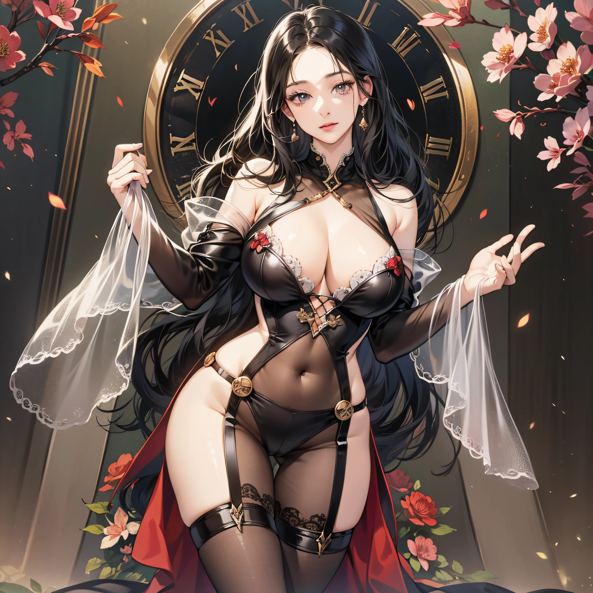 Looking here, attractive young woman with black hair, see-through maiden costume, big, tight skin, soft looking big, no underwear, full body image