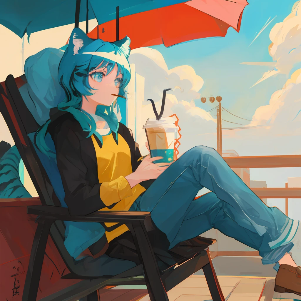 Create me an anime-style cartoon of a blue tiger drinking coffee