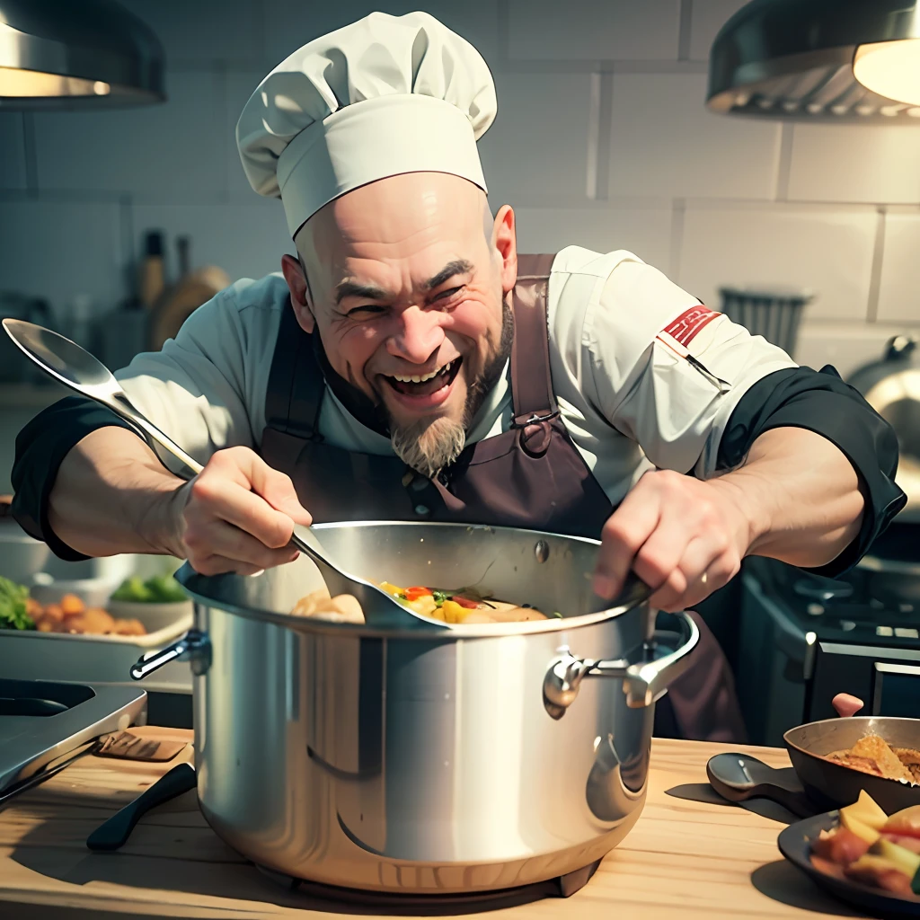 a bald dwarf male chef in the kitchen holding a giant wooden spoon as he stirs the chicken in the grand round pot an expression of enthusiasm and amusement on the chef's face. cartoon stylized 3d render, 3d rendered 3d, --auto --s2
