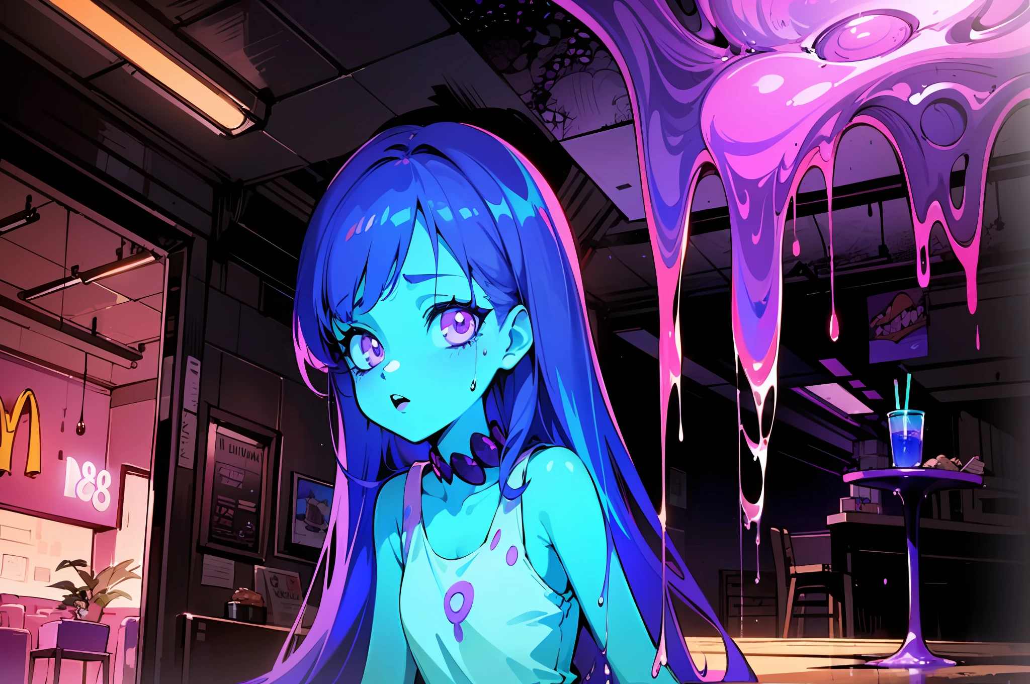 ((vintage mcdonalds fast food restaurant)), (((liminal horror))), (((analog horror))), (((dim lighting))), (((flickering lights))), ((spilled purple shake)), (((purple lighting))), (((purple horror atmosphere))), purple ooze, mind-controlled anime character sitting at a desk with spilled purple shake in tall clear plastic shake cup, (((clear tall plastic cup knocked over))), (((purple shake oozing everywhere))), ((purple shake oozing across desk onto floor)), ((purple shake splattered on walls)), ((purple splatters on wall and floor)), (((glowing staring eyes oozing purple glowing liquid))), lofi girl, analog horror girl, lofi artstyle, lofi art, lofi portrait, lofi feel, lofi vibes, lofi, lofi vibe, lofi colors, lo-fi art, lofi hip hop, lofi girl aesthetic, lo-fi illustration style, lofi aesthetic, (((highly stylized 80s anime screenshot)))