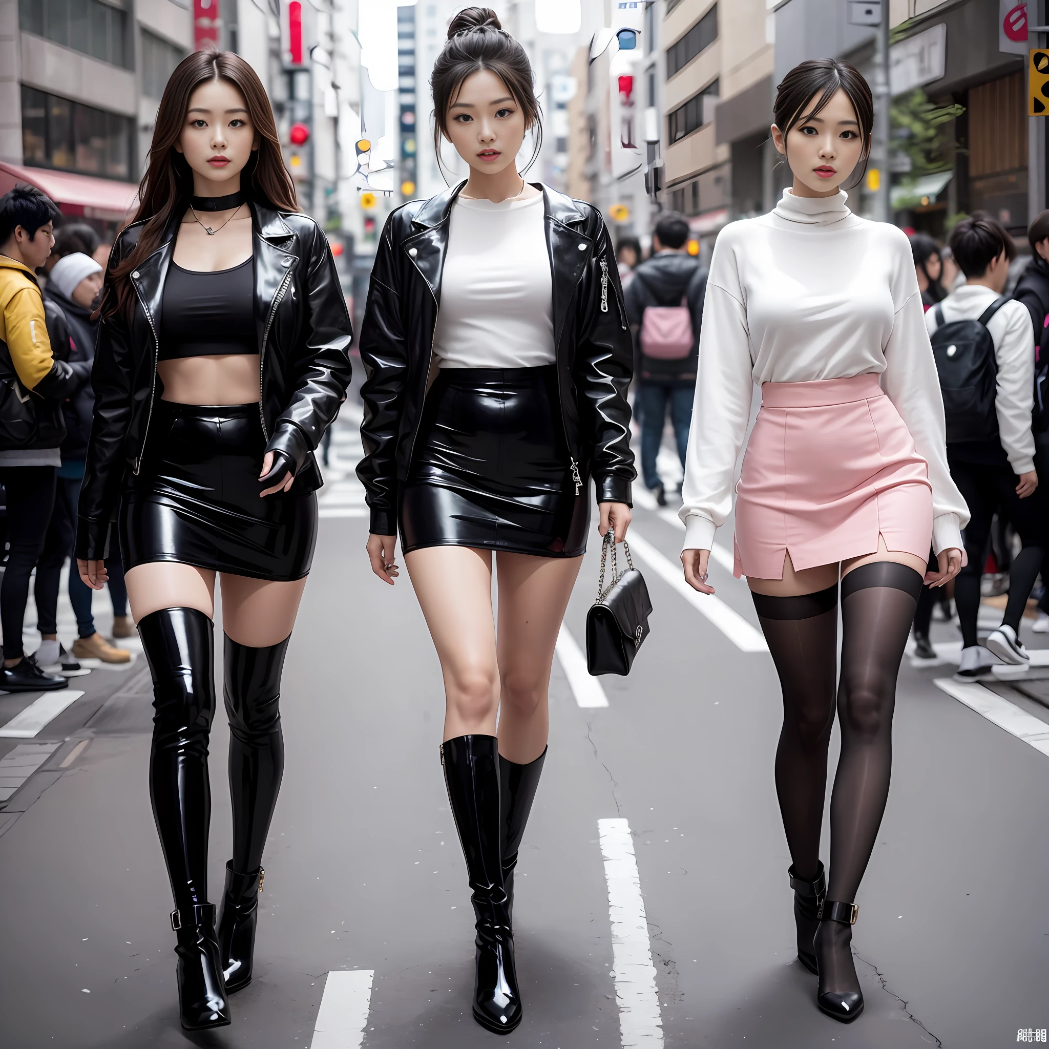 A woman in a white top and black boots standing on the street, Chinese female fashion model, black tights, short skirt and short jacket, Japanese city street fashion, black pink Rosan Park, she wears streetwear, japanese street fashion, Tokyo fashion, streetwear woman, jacket and skirt, street fashion, harajuku street fashion, beautiful woman walking in the wind, black gloves, over-the-knee patent leather red boots, tall, long legs, perfect body proportions, thin waist, black suspender stockings, tall, Slender body, nine-headed body, big eyes, beautiful and exquisite face, perfect body details, perfect body proportions, perfect visual proportions, fashion shooting, glamorous, feminine, delicate, highlighting female curves, subtext: sexy, confident. Chinese woman --auto --s2