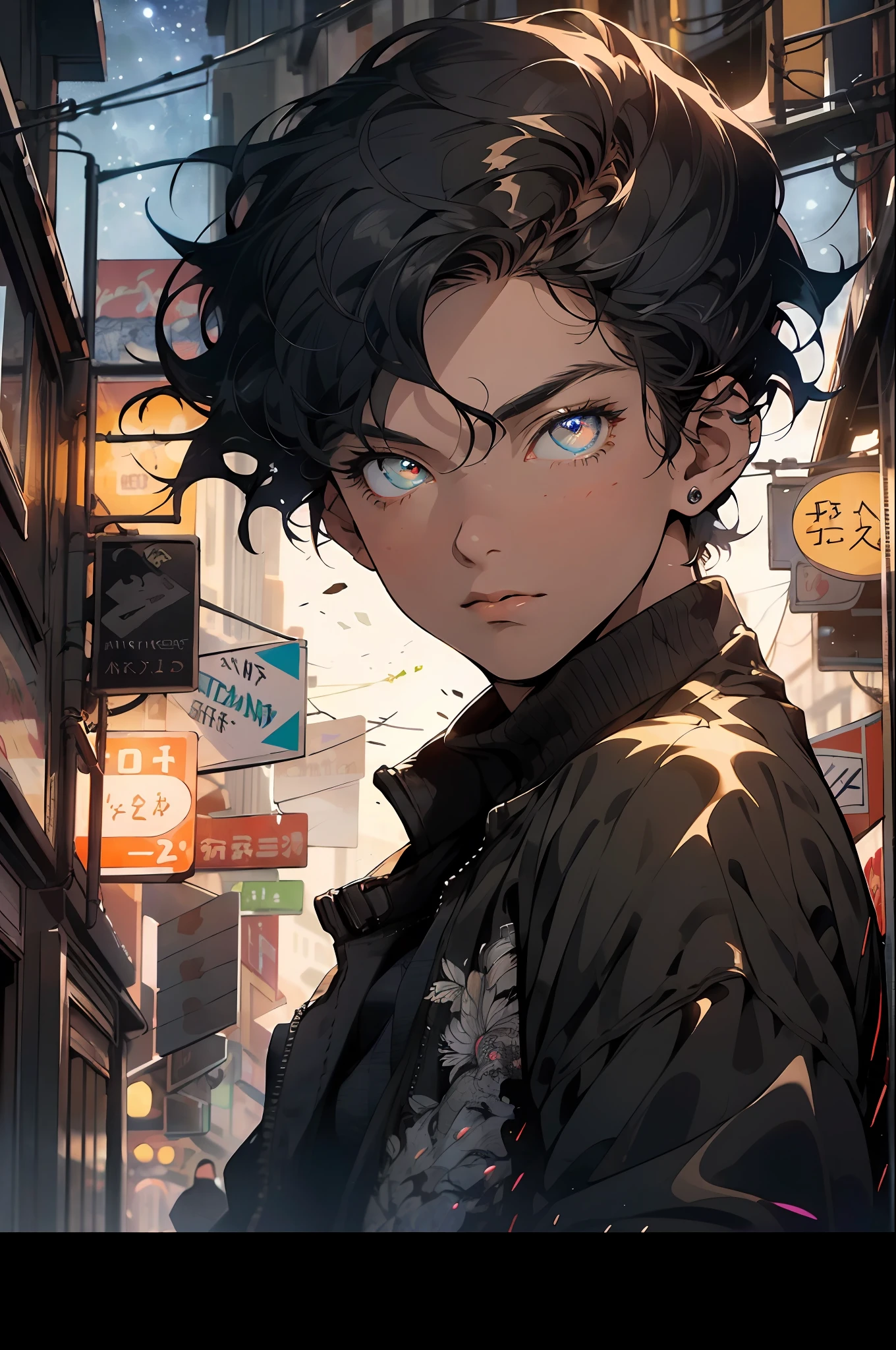 Realistic, (Masterpiece, Top Quality, Best Quality, Official Art, Beauty and Aesthetics: 1.2), Very Detailed, Fractal Art, Colorful, Most Detailed, Zentangle, (Night City Background: 1.5) (1androgynous boy: 1.3), Mafia, Black Hair, Short Messy Hair, (Glowing Hazel Eyes), Mysterious, (Criminal), Handsome Person, Rainy Night