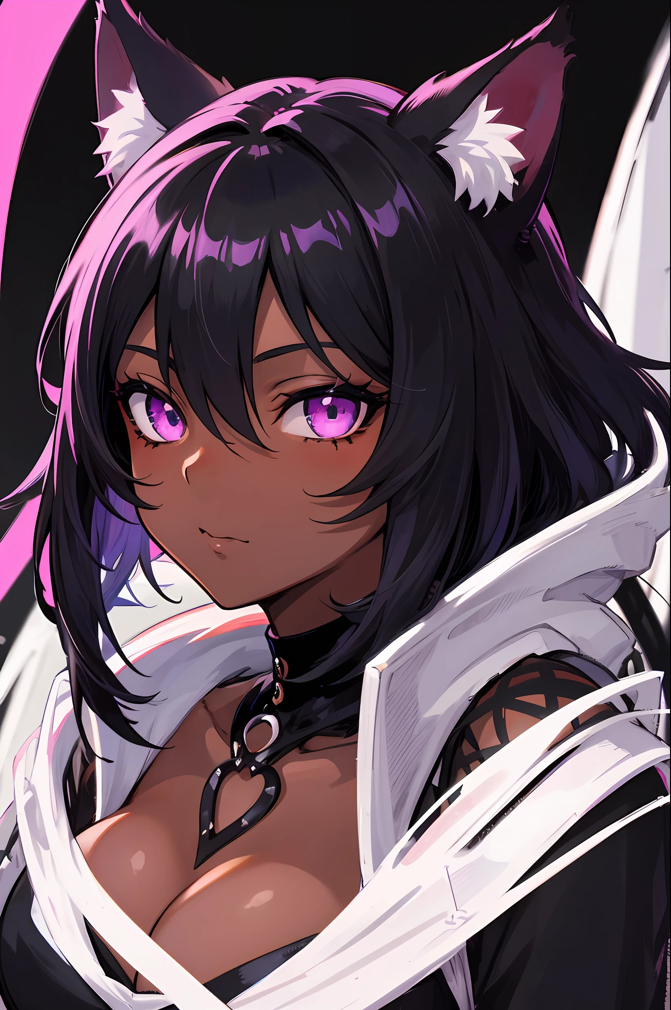 Anime Style Portrait of a sexy, African catgirl, with Jet-black Hair, purple eyes, dark-skinned, black cat ears, 1tail, perfect composition, hyper-detailed, 8K, high quality, perfect eyes, trending art, trending on artstation, sharp focus, studio photo, intricate details, by Tite Kubo