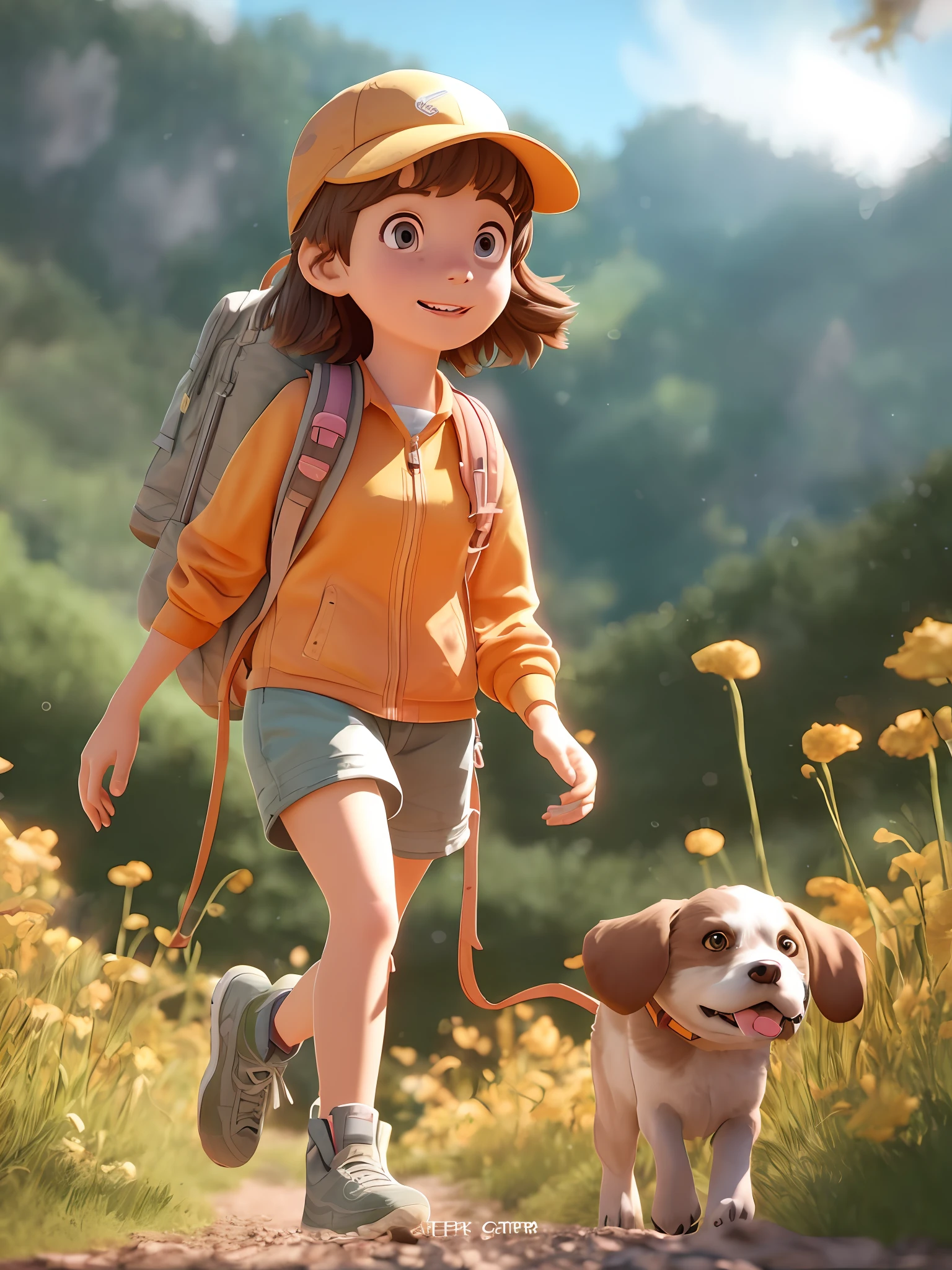 cartoon girl walking with a dog on a trail in a field, small character. unreal engine 5, animation style render, atey ghailan 8 k, childrens art in artstation, adventure hyper realistic render, adorable digital painting, cute 3 d render, female explorer mini cute girl, cute detailed digital art, inspired by Atey Ghailan