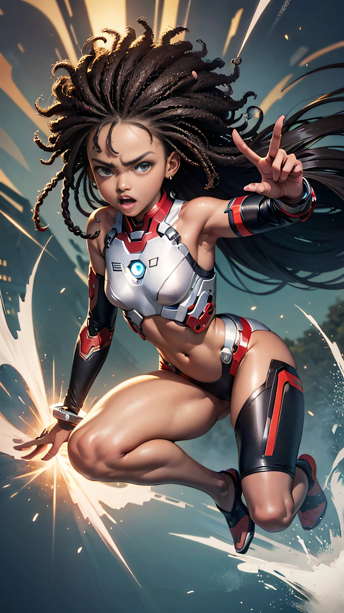 Black girl, full body, dark skin, original south of Africa, long afro hair, wearing an ironman amature, eyes emanating bright light, anger, sawing teeth, fighting position