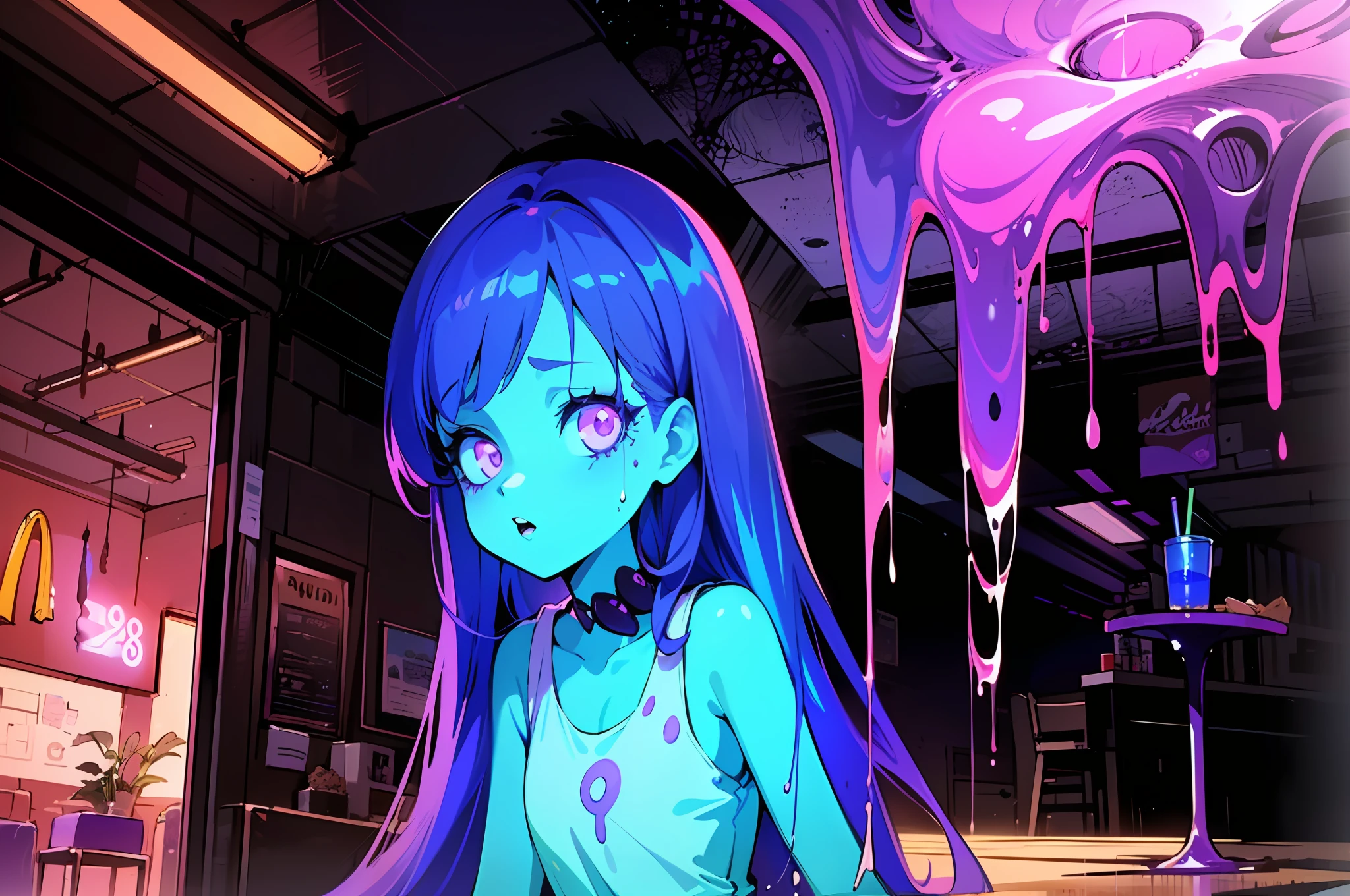 ((vintage mcdonalds fast food restaurant)), (((liminal horror))), (((analog horror))), (((dim lighting))), (((flickering lights))), ((spilled purple shake)), (((purple lighting))), (((purple horror atmosphere))), purple ooze, mind-controlled anime character sitting at a desk with spilled purple shake in tall clear plastic shake cup, (((clear tall plastic cup knocked over))), (((purple shake oozing everywhere))), ((purple shake oozing across desk onto floor)), ((purple shake splattered on walls)), ((purple splatters on wall and floor)), (((glowing staring eyes oozing purple glowing liquid))), lofi girl, analog horror girl, lofi artstyle, lofi art, lofi portrait, lofi feel, lofi vibes, lofi, lofi vibe, lofi colors, lo-fi art, lofi hip hop, lofi girl aesthetic, lo-fi illustration style, lofi aesthetic, (((highly stylized 80s anime screenshot)))