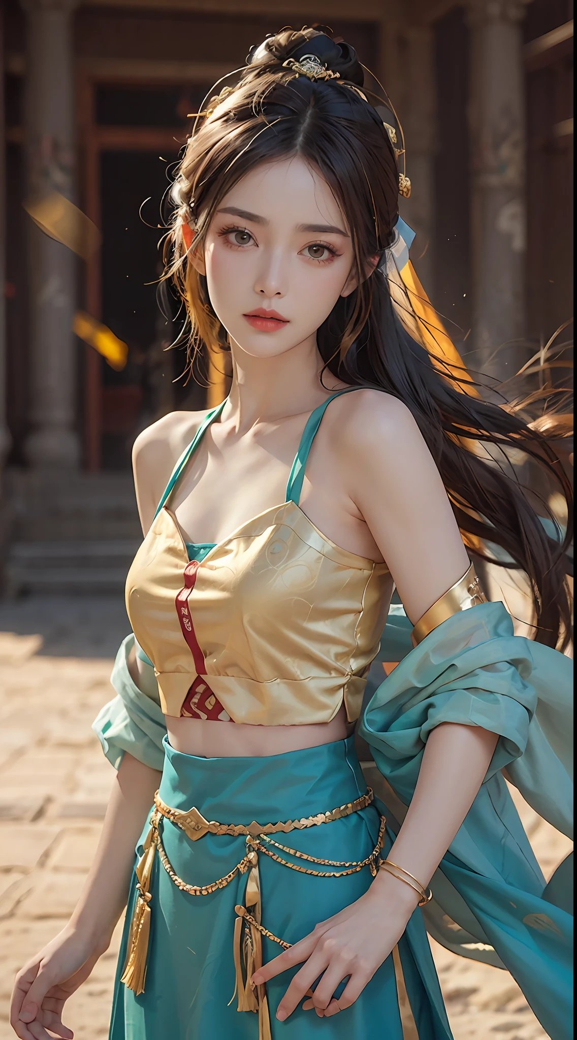 (RAW, Best Quality), Realistic, (Photorealistic Real: 1.3), Best Quality, High Detail, Masterpiece, Extremely detailed, Illustration, 1 25 year old goddess, upper body , Dynamic Angle, mess_long_hair, Best Quality, 8k Wallpaper, extremely detailed dunhuang uniform, Ink, Amazing, Cinematic Lighting, lens_flare, dunhuang_style, Sexy, Crop Top, Delicate Collarbone, Patterned Stockings, Gold Pattern all over body, an ancient goddess, hanfu-style ao dai, dunhuang costume, (dunhuang phitian style: 1.8) (fiction dunhuang landscape: 1.8), beautiful face and makeup detail, thin black eyebrows, detailed eye makeup, big round yellow eyes, high nose, hair bun, jewelry on head and neck, bracelet on wrist, jewelry on goddess shirt dunhuang, a small tattoo between the goddess dunhuang,