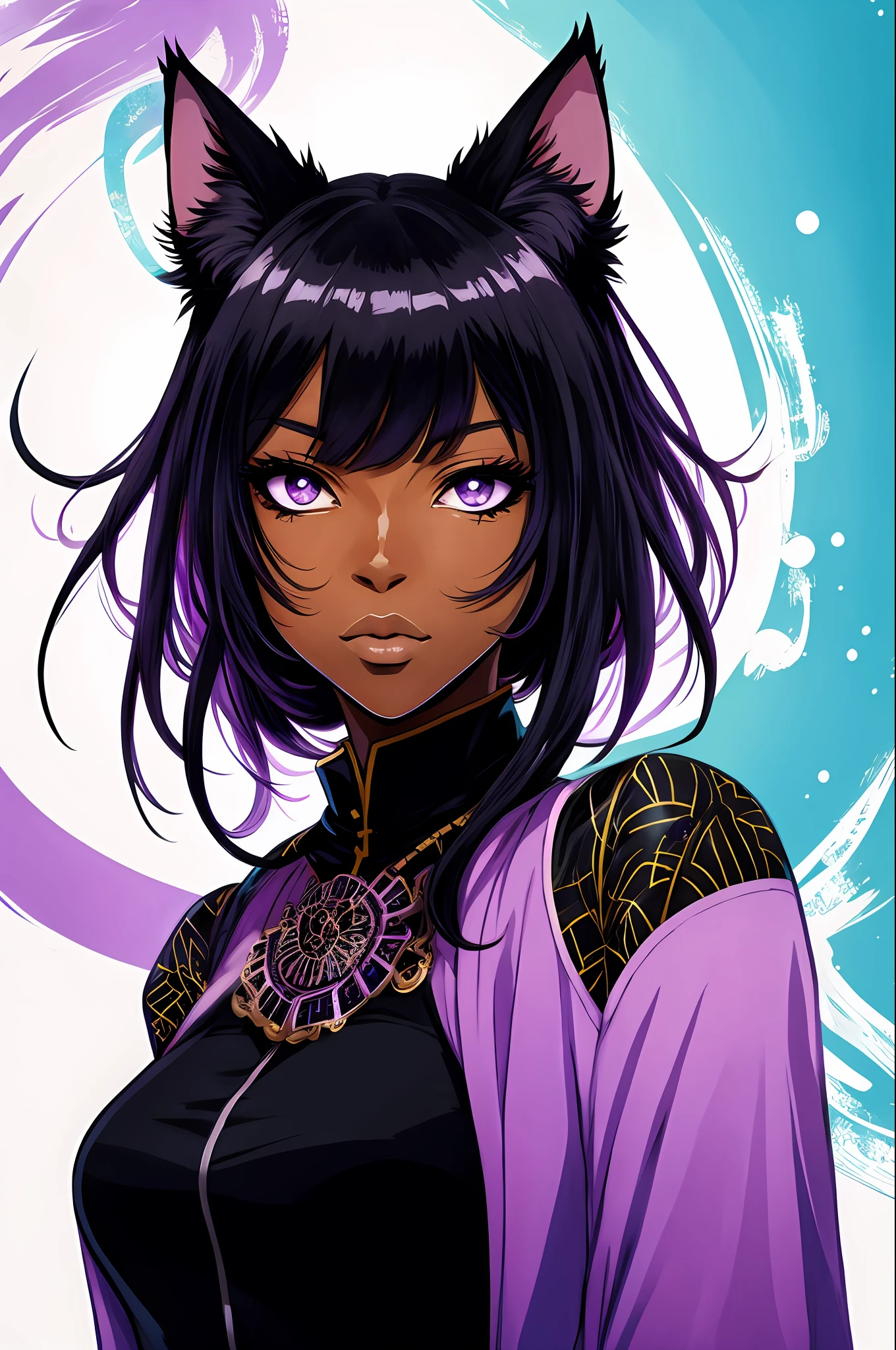 Anime Style Portrait of a sexy, African catgirl, with Jet-black Hair, purple eyes, dark-skinned, black cat ears, 1tail, perfect composition, hyper-detailed, 8K, high quality, perfect eyes, trending art, trending on artstation, sharp focus, studio photo, intricate details, by Tite Kubo
