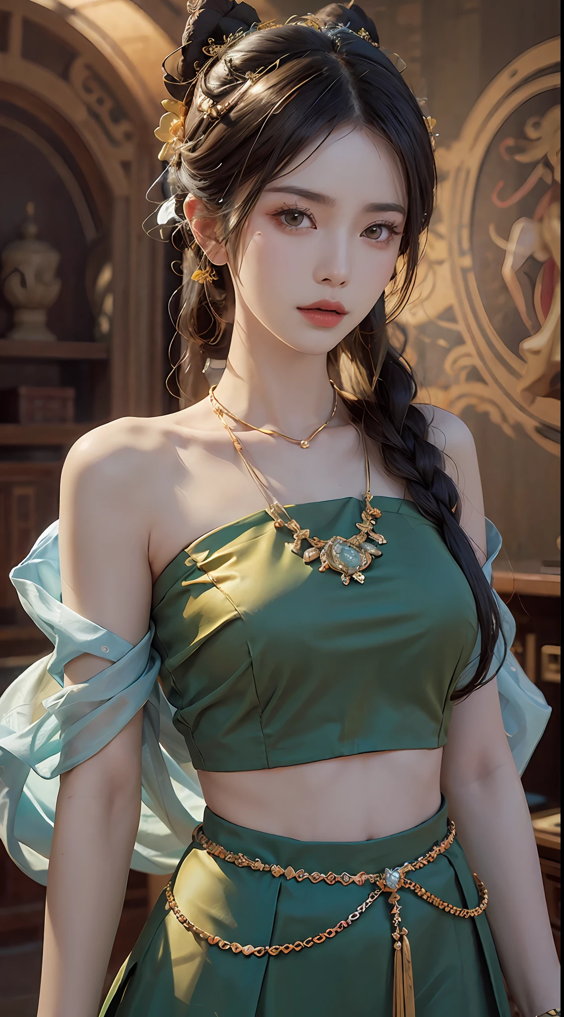 (RAW, Best Quality), Realistic, (Photorealistic Real: 1.3), Best Quality, High Detail, Masterpiece, Extremely detailed, Illustration, 1 25 year old goddess, upper body , Dynamic Angle, mess_long_hair, Best Quality, 8k Wallpaper, extremely detailed dunhuang uniform, Ink, Amazing, Cinematic Lighting, lens_flare, dunhuang_style, Sexy, Crop Top, Delicate Collarbone, Patterned Stockings, Gold Pattern all over body, an ancient goddess, hanfu-style ao dai, dunhuang costume, (dunhuang phitian style: 1.8) (fiction dunhuang landscape: 1.8), beautiful face and makeup detail, thin black eyebrows, detailed eye makeup, big round yellow eyes, high nose, hair bun, jewelry on head and neck, bracelet on wrist, jewelry on goddess shirt dunhuang, a small tattoo between the goddess dunhuang,