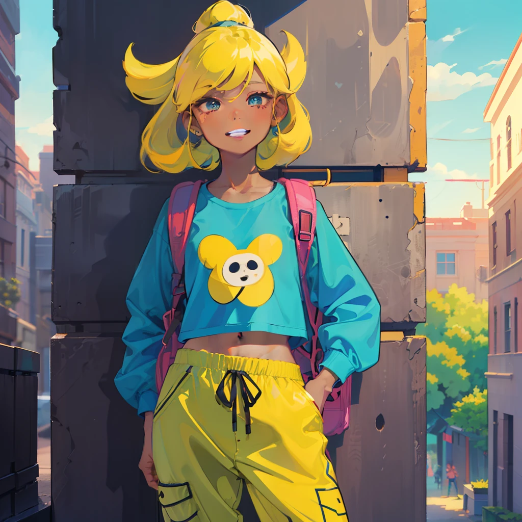 ((masterpiece)), ((best quality)), ((anime profile style)), ((adventure time)), ((finn and jake)), ((brown skin)), a boy 20 years, ((eyes)), ((perfect)), eyebrow, nose, ear, mouth, smile, ((teeth showing)), ((hair)), neck, shoulders, arms, ((long-sleeved shirt)) , ((sweatshirt pants)), ((sneakers)), backpack, background scenery