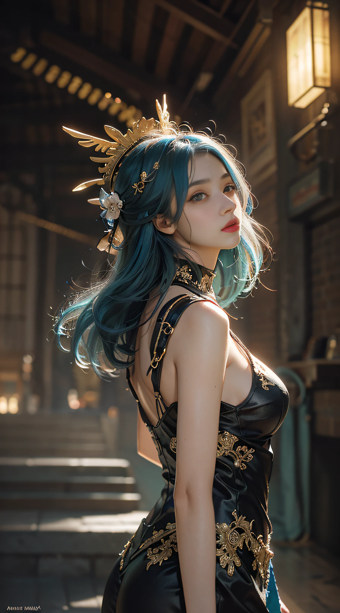 high quality, masterpiece, masterpiece, delicate facial features, delicate hair, 1 girl, delicate eyes, delicate colored hair, 4K quality, gorgeous light and shadow, (between_breasts), tyndall effect, halo, messy hair, youthful state, gorgeous scene, fine clothes, chain, feathers, ancient chinese beauty with big eyes very detailed, digital painting, art station, concept art, sharp focus, illustration, artwork by Greg Rutkowski, Alphonse S. Mucha and Victor Ngay