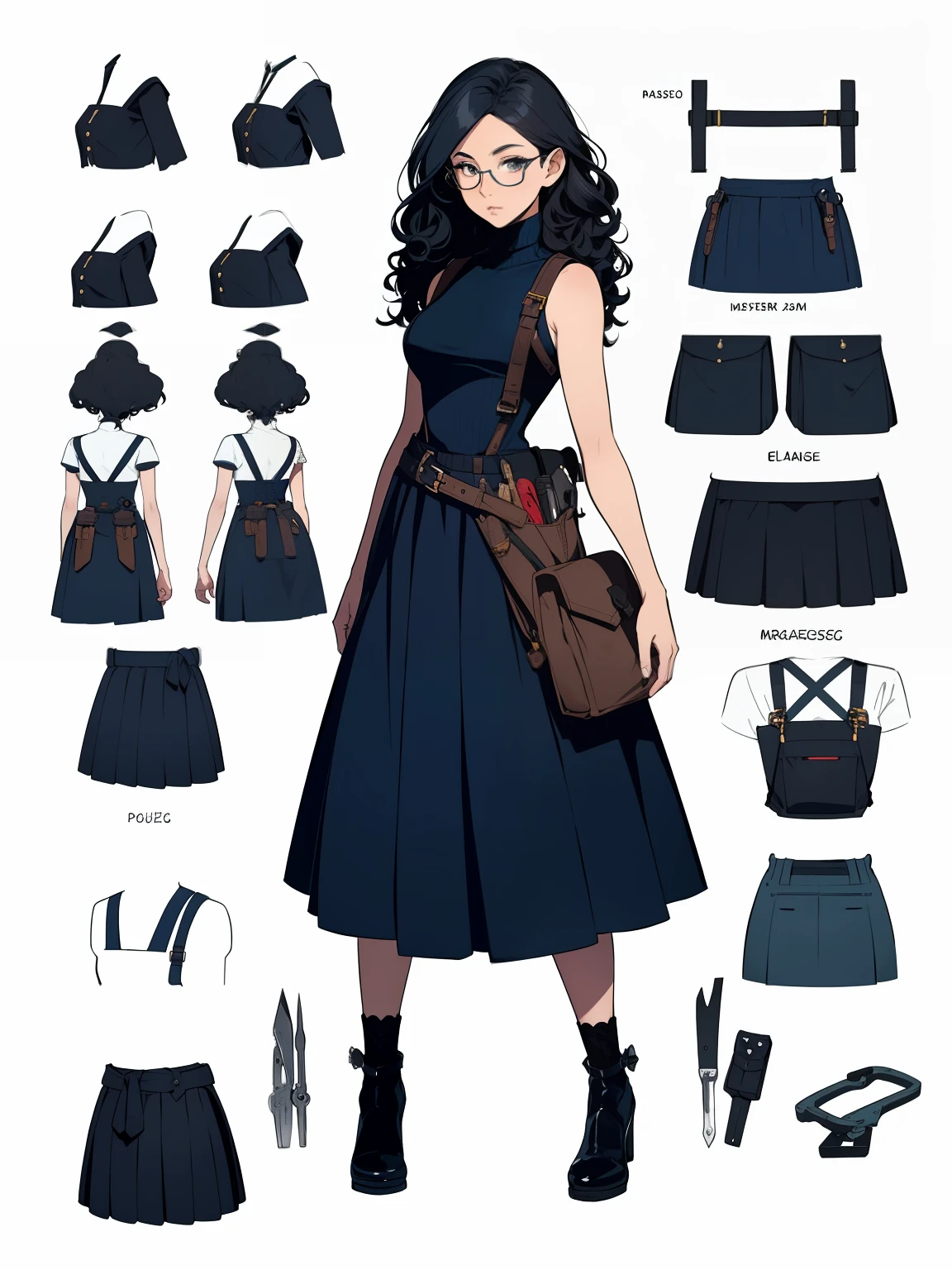 ((masterpiece)),(((best quality))),(character design sheet, same character, front, side, back), elven woman, glasses, long black curly hair, black hair, bows, lace, white sleeveless turtle-neck sweater, long colorful skirt, long skirt, satchels, pouches on waist, harness, tool belt, tools, corset, blue, navy, bright blue