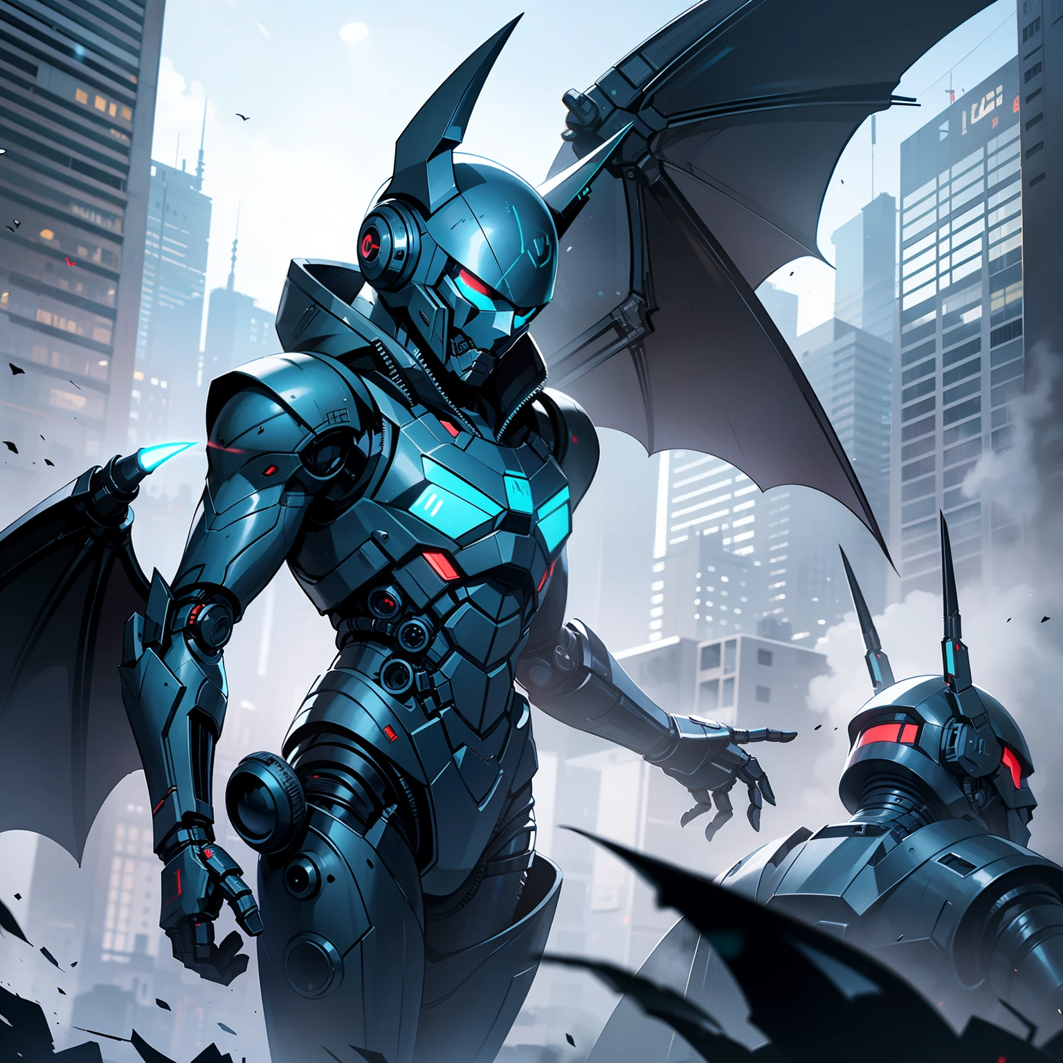 Boy in black robotic armor, black bat robotic helmets, robotic bat wings, laser rifle in hands
