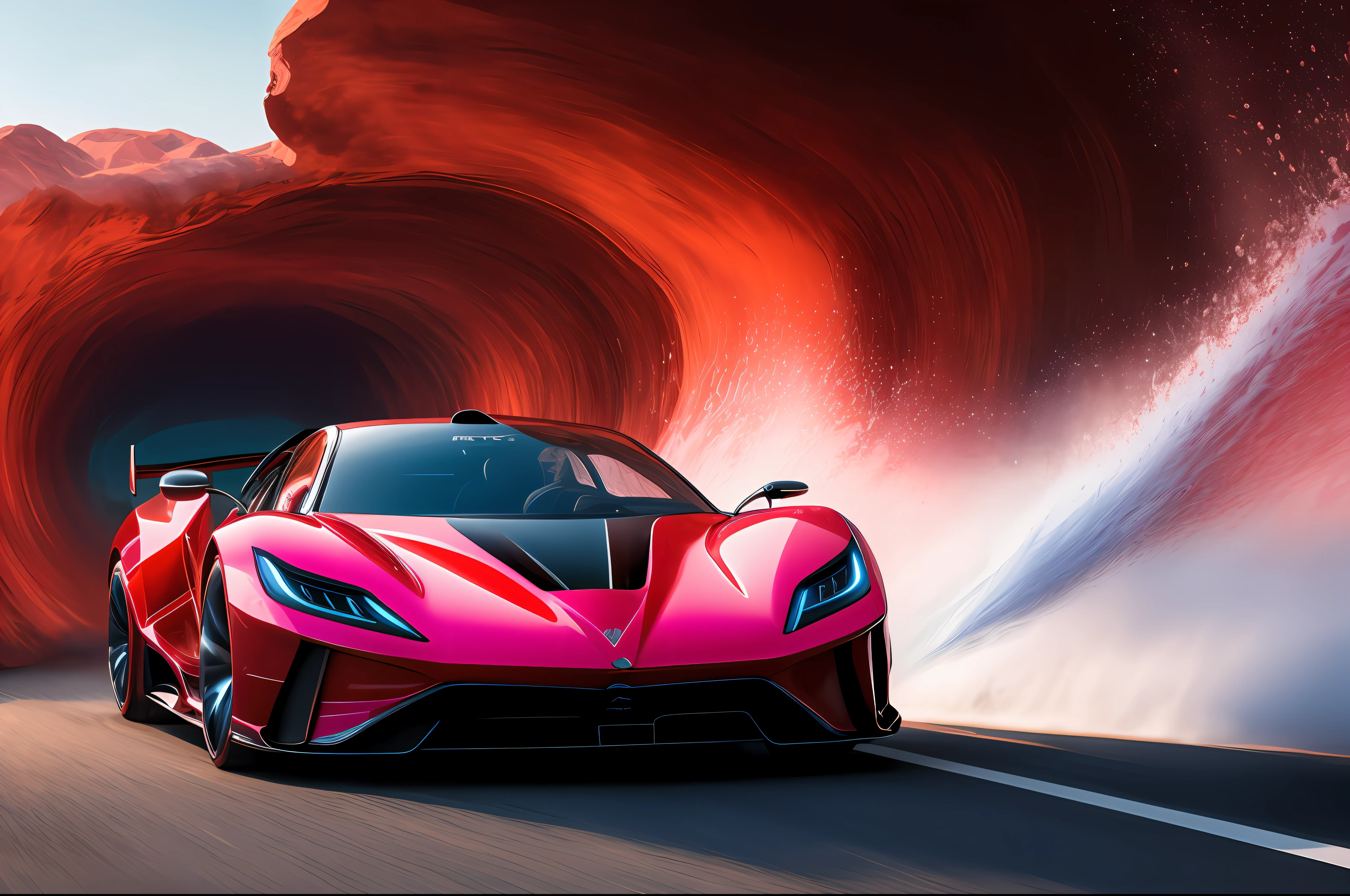 (Liquid Splash Fluid Art:1.2) Crimson Blur: A hypercar, a marvel of engineering painted in an electrifying shade of crimson, blazes through a tunnel filled with a mysterious, luminescent liquid. The liquid parts before the speeding car, creating a rippling wave of azure light. Captured using Cinema 4D's fluid dynamics at an aperture of f/2.8, ISO 400, and a shutter speed of 1/60 sec, the scene showcases the clash between raw speed and liquid tranquility. The final image, enhanced with Gamma Correction and Tone Mapping, presents an adrenaline-infused spectacle, inspired by the styles of Alex Roman and Beeple.