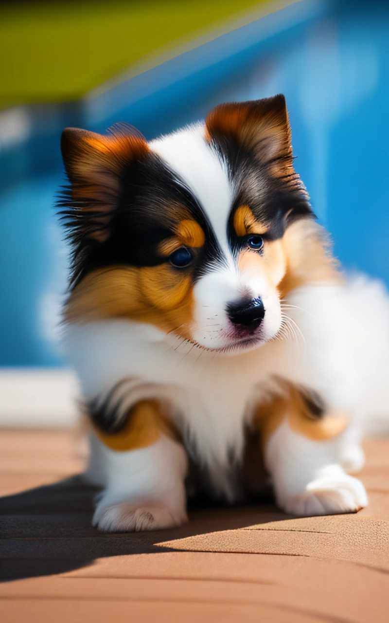 hyper Quality,Cute two Shetland Sheepdog puppies,different body colors,swimming in the pool,black eyes,barking,narrow eyes,smile,eos r3 28mm