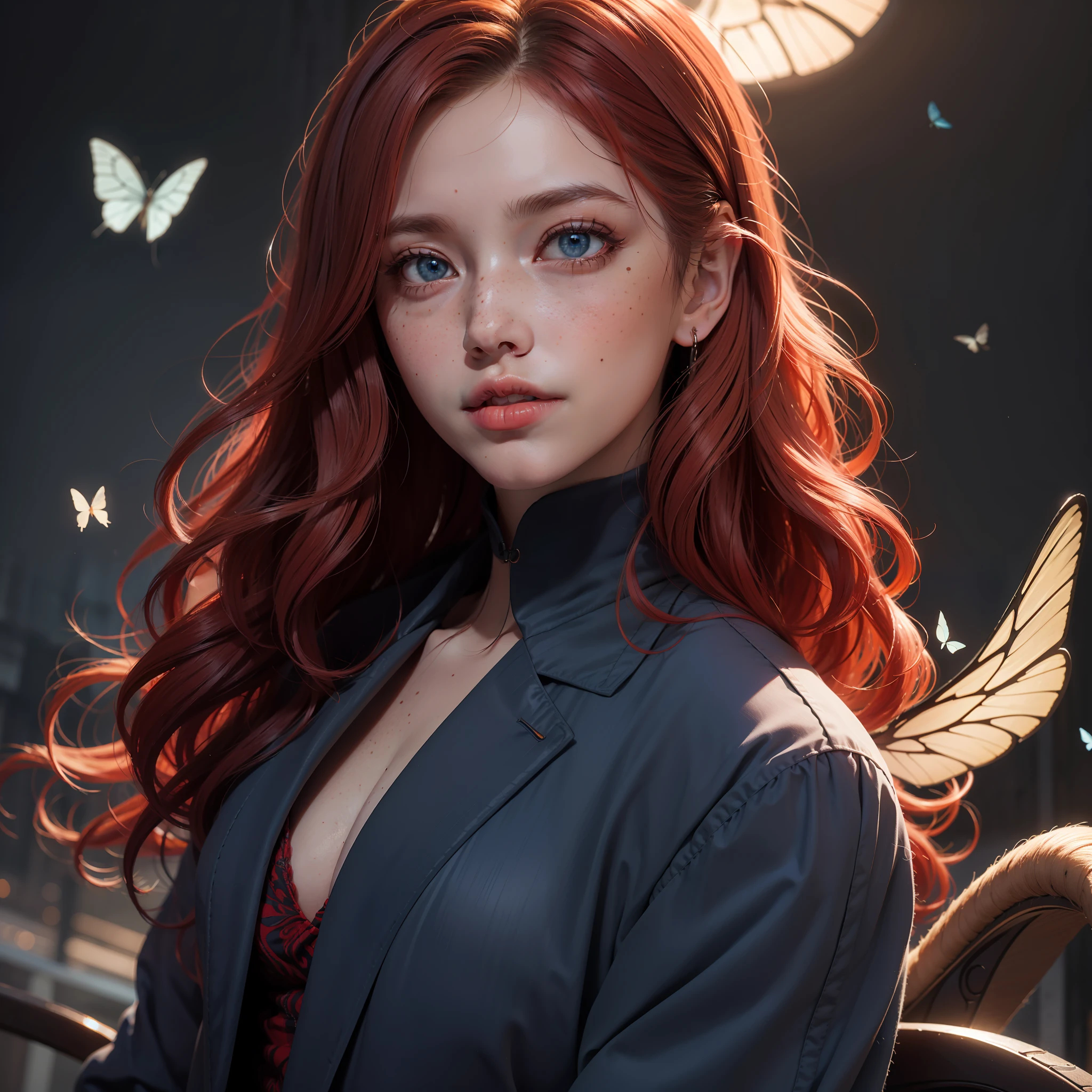 (absurd, highres, ultra detailed), 1 woman, adult, beautiful, tall woman, finely detailed eyes, light red colored hair, wavy long hair, demon behind woman, complex pattern, detailed face, adult face, hand lowered, mouth closed tightly, (Dutch angle), coat overcoat, night, dark blue eyes, butterflies flying around, freckles, adult face, mature