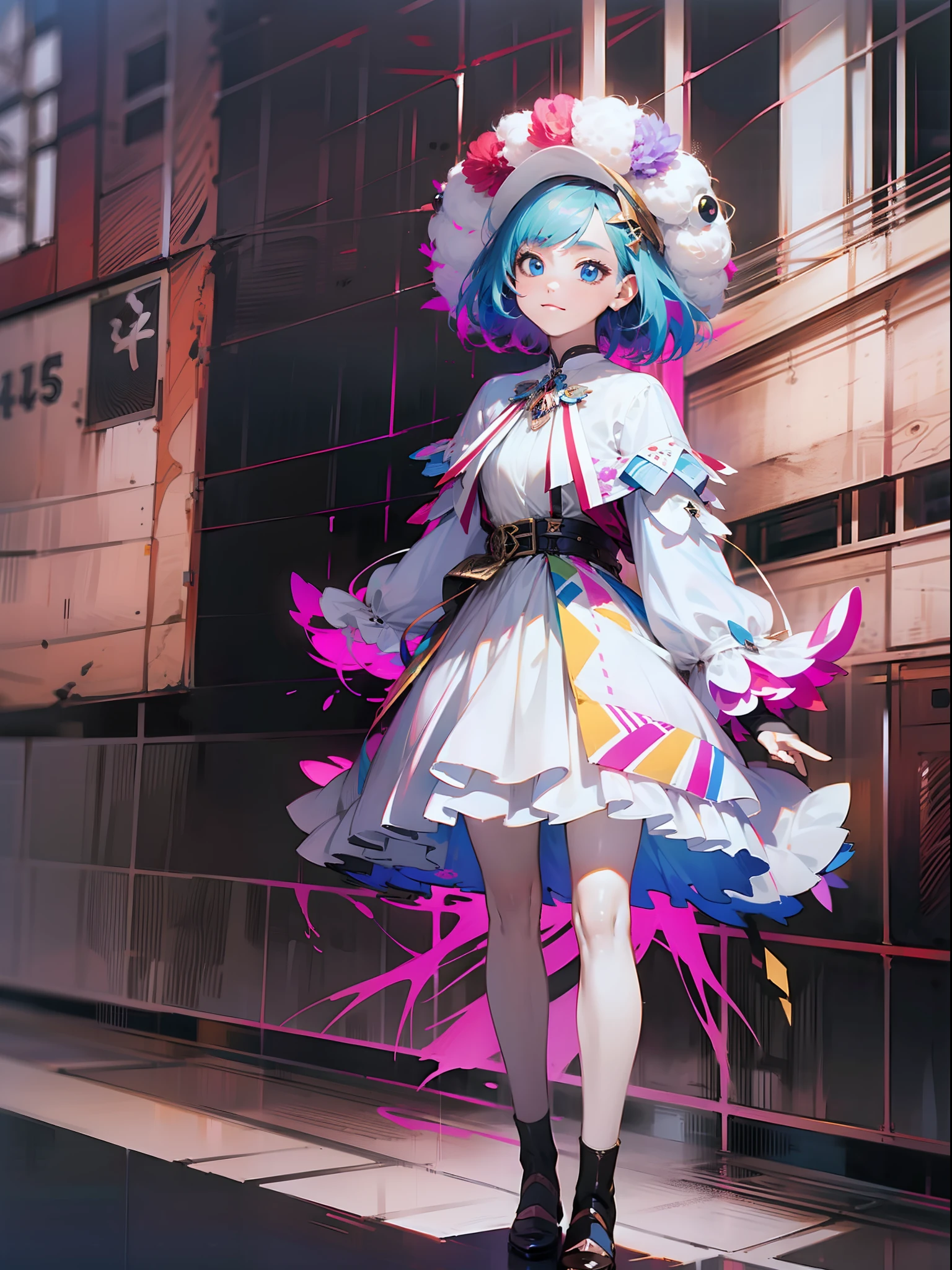 (Head Out of Frame: 1.5), Absurdity, Hi-Res, Super Detail, 1 Girl, Standing, Full Body Shown, White Dress, Extreme Detail Eyes, Official Art, Beautiful Aesthetic, Extreme Detail, Fractal Art, Colorful, Supreme Detail, Dark Short Hair, Odd Eye,