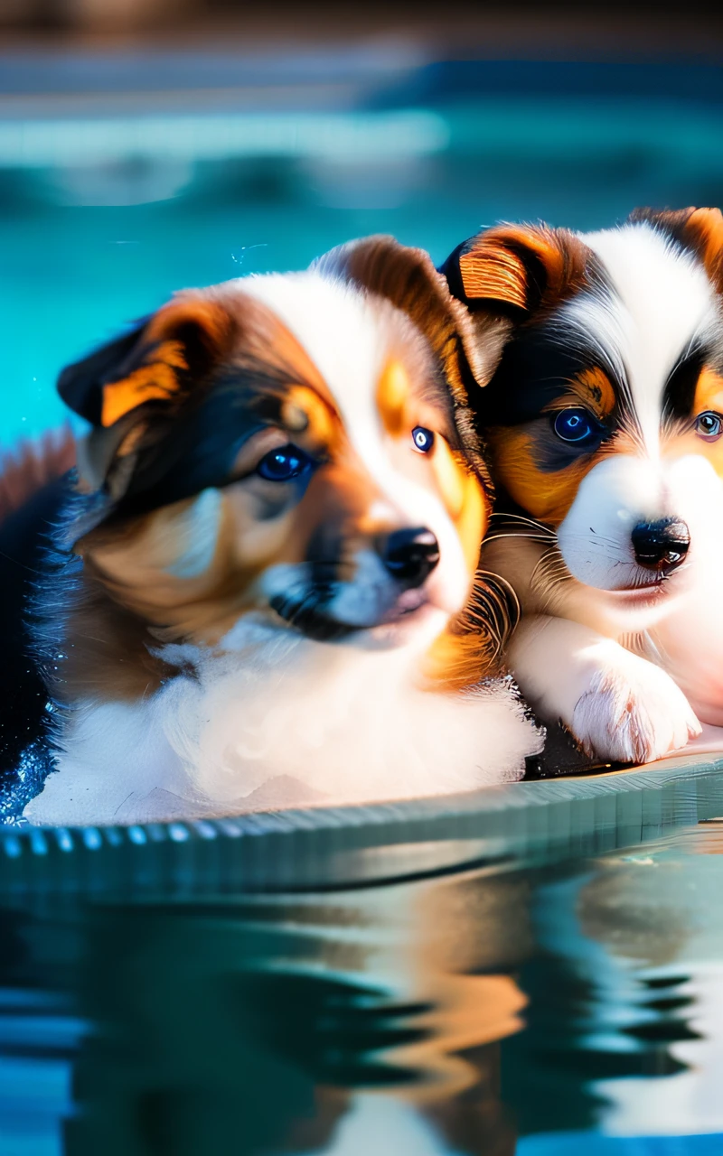 hyper Quality,Cute two Shetland Sheepdog puppies,different body colors,swimming in the pool,black eyes,barking,narrow eyes,smile,eos r3 28mm