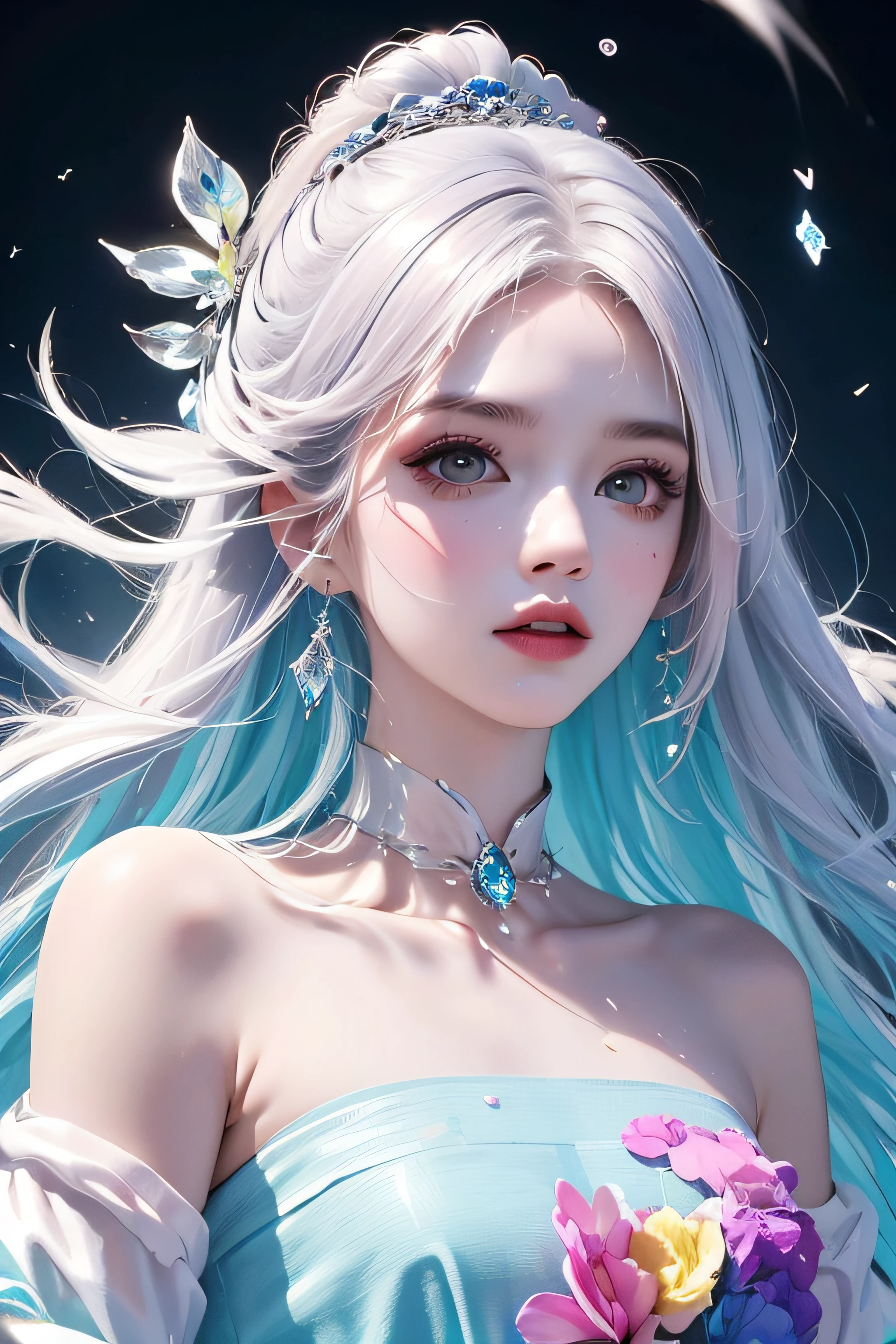(Pink fashion T-shirt: 1.9), (Colorful hair: 1.8), (Rainbow all colors: 1.8), (((Vertical painting: 1.6))), (Painting: 1.6), Front, manga, illustration, painting, big eyes, crystal clear, (rainbow gradient high ponytail: 1.7), delicate makeup, shut up, (small freshness: 1.5), (bandeau: 1.6), long eyelashes, white off-the-shoulder T- shirt, White Shoulder Shirt, looking at the audience, Big watery eyes, (rainbow hair: 1.6), color splash, (solo:1.8), color splash, color explosion, colour splash, color explosion, thick lacquer style, messy lines, ((shining)), (colorful), (colorful), (colorful), colorful, Thick Paint Style, (Splash) (Color Splash), Vertical Painting, Upper Body, Paint Splash, Acrylic Pigment, Gradient, Paint, Highest Image Quality, Masterpiece, Solo, Depth of Field, Face Paint, colorful clothes, (elegance: 1.2), gorgeous, long hair, wind, (elegance: 1.3), (petals: 1.4), ((masterpiece))), ((best quality))), (ultra-detailed), (illustration), (dynamic angle), (floating), (paint), ((loose hair)), (solo), (1girl), ( ( ( detailed anima face))), (( Beautiful detailed face)), collar, exposed shoulders, white hair, ((colored hair)), ((striped hair)), beautiful detailed eyes, (gradient eyes), (colored eyes))), (colored background))), (high saturation))), ((surrounded by colorful splashes))),
