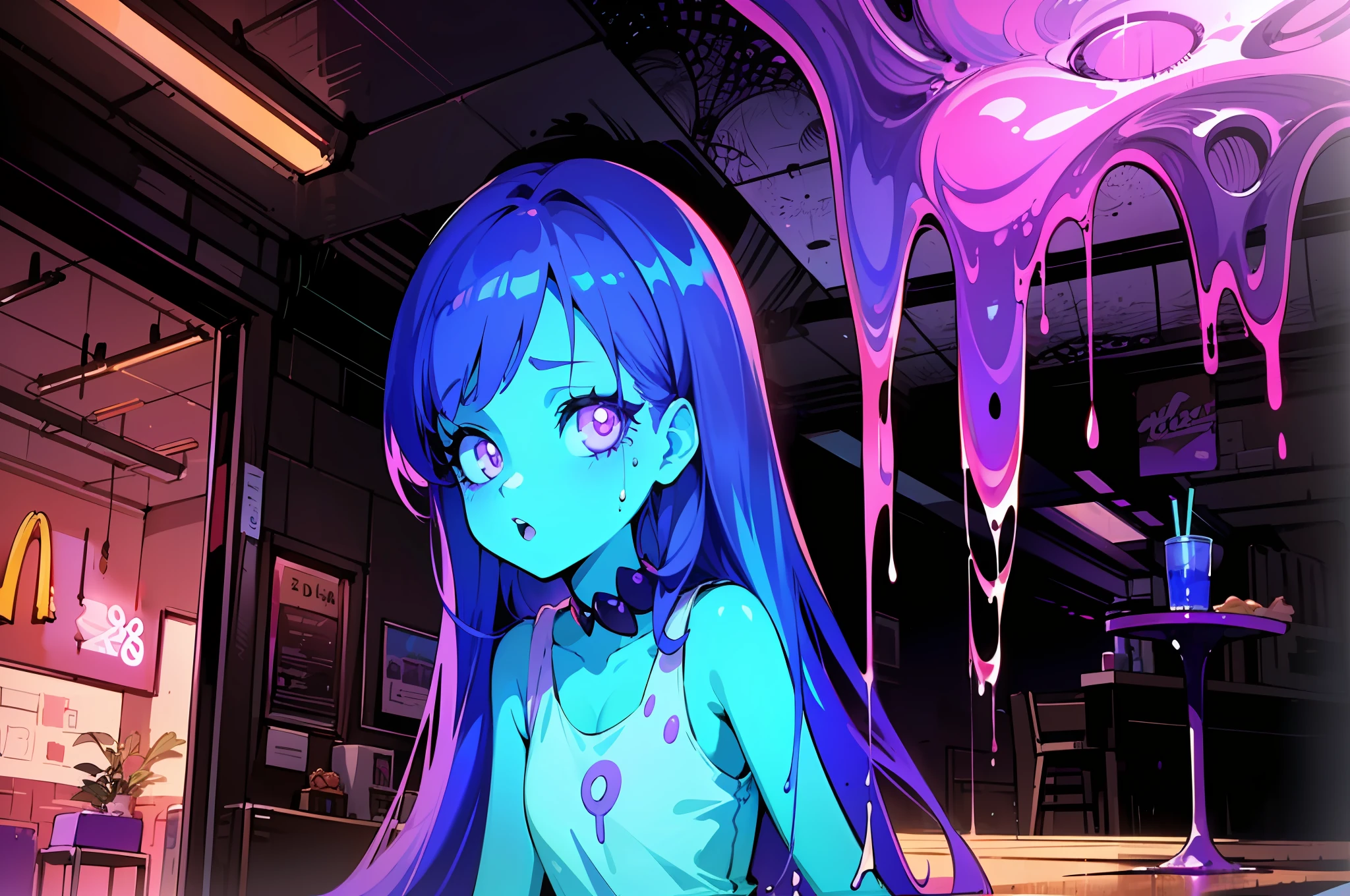 ((vintage mcdonalds fast food restaurant)), (((liminal horror))), (((analog horror))), (((dim lighting))), (((flickering lights))), ((spilled purple shake)), (((purple lighting))), (((purple horror atmosphere))), purple ooze, mind-controlled anime character sitting at a desk with spilled purple shake in tall clear plastic shake cup, (((clear tall plastic cup knocked over))), (((purple shake oozing everywhere))), ((purple shake oozing across desk onto floor)), ((purple shake splattered on walls)), ((purple splatters on wall and floor)), (((glowing staring eyes oozing purple glowing liquid))), lofi girl, analog horror girl, lofi artstyle, lofi art, lofi portrait, lofi feel, lofi vibes, lofi, lofi vibe, lofi colors, lo-fi art, lofi hip hop, lofi girl aesthetic, lo-fi illustration style, lofi aesthetic, (((highly stylized 80s anime screenshot)))