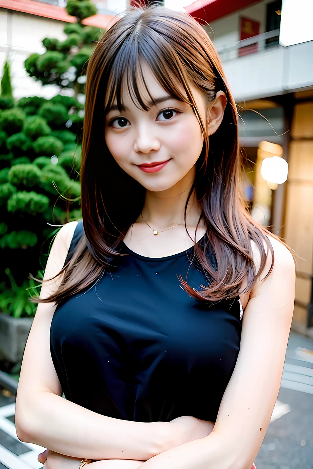Ultra high image quality, natural brightness, young beautiful girl in Japan, beautiful girl, smile, camera gaze, upper body, straight long hair, hair blown in the wind, shopping mall, neat clothes, big breasts, beautiful skin quality,