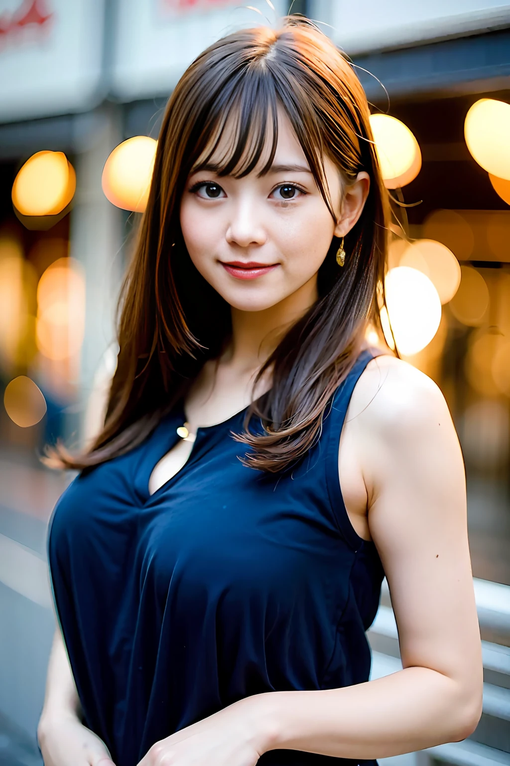 Ultra high image quality, natural brightness, young beautiful girl in Japan, beautiful girl, smile, camera gaze, upper body, straight long hair, hair blown in the wind, shopping mall, neat clothes, big breasts, beautiful skin quality,