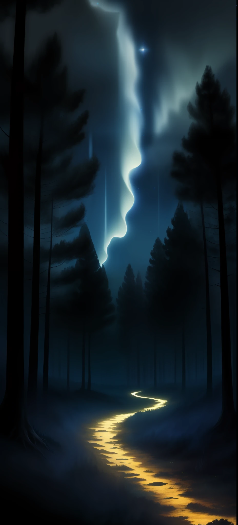 dark forest, dark and gloomy, dark and starry night, high resolution, high quality, high perfection, wallpaper, forest with a little dark blue tones, but still dark and gloomy