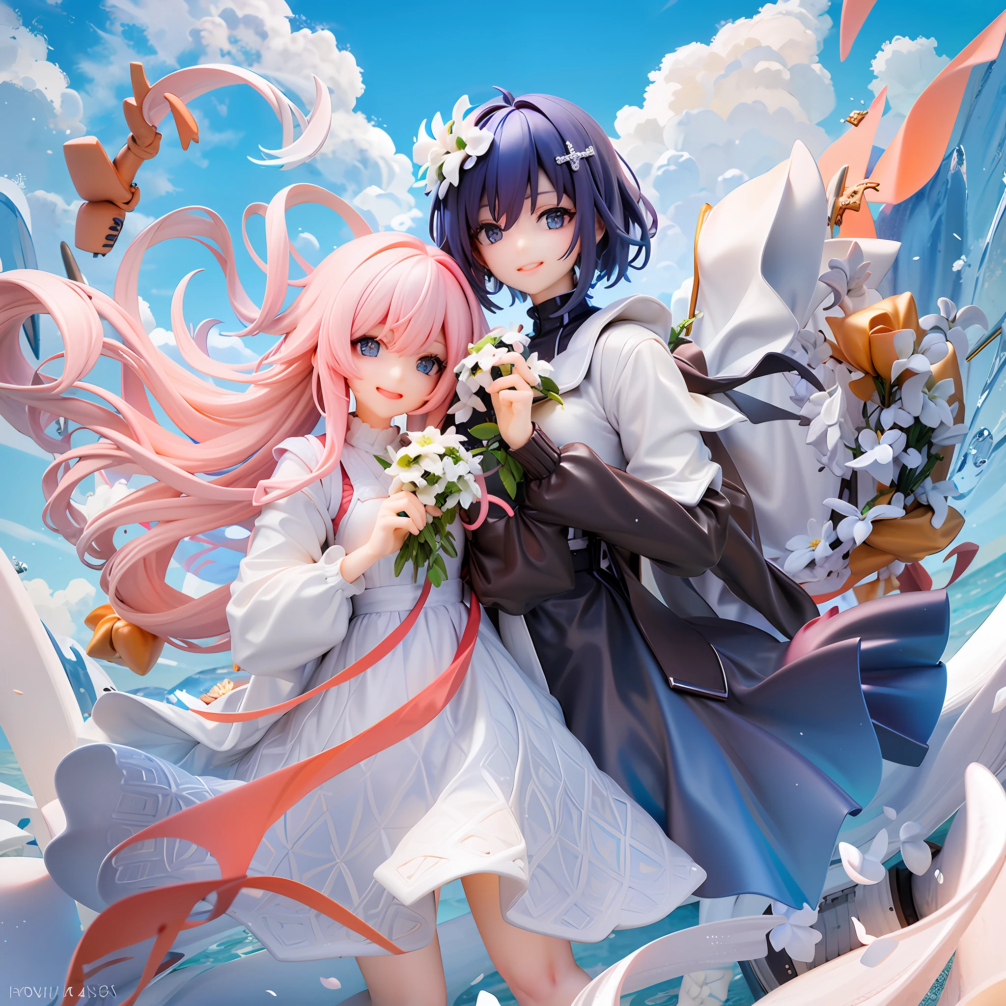 Two girls, beautiful light blue eyes, seductive smile, holding a bouquet of white flowers in front of chest, light pink hair, long hair, beautiful white dress, dark blue hair, white flower hair ornament, short cut, white and dark blue dress, blue sky, white clouds, clear weather, pastel colors, happiness, love