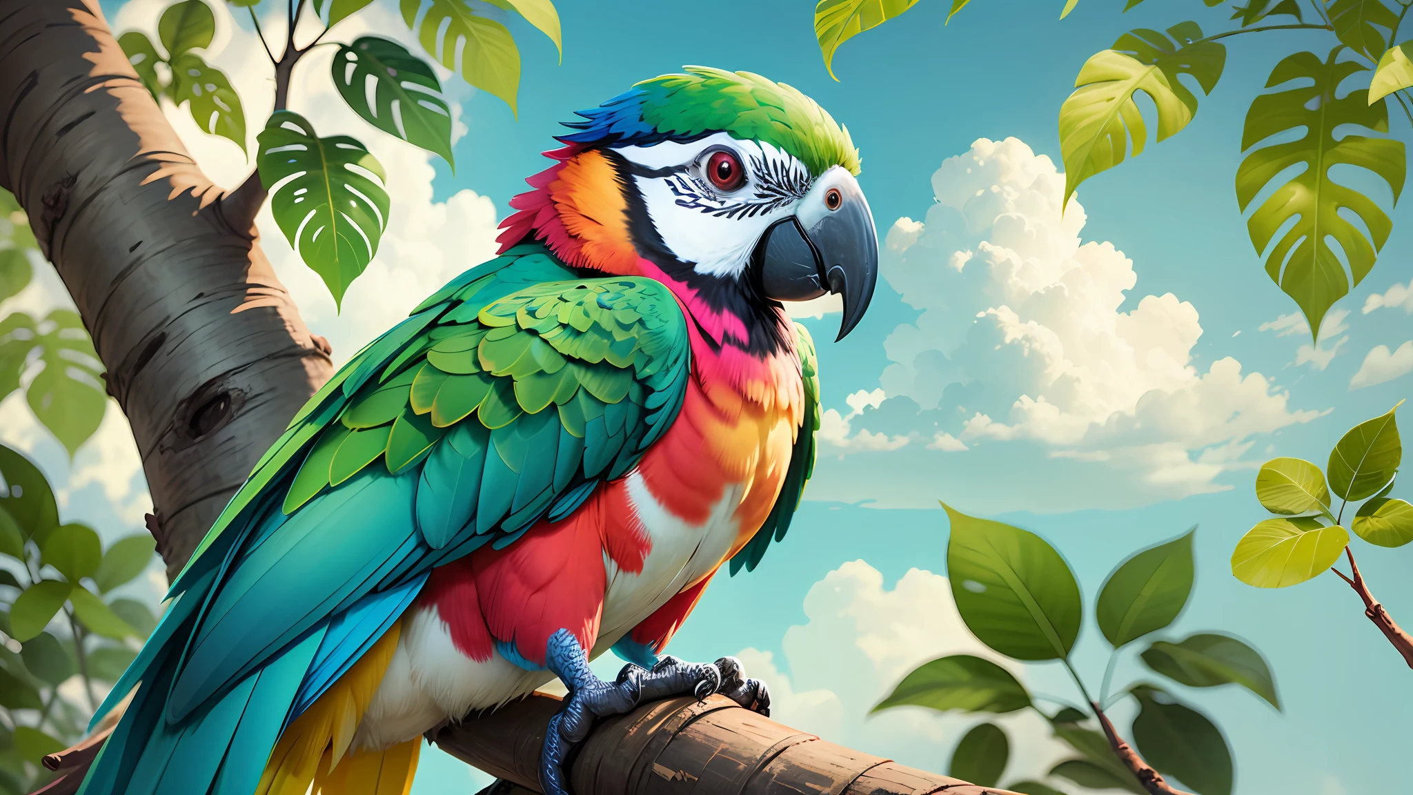 colorful parrot sitting on a tree, on a beautiful day open sky, color HD image, realistic color photography, colorful bird with green and red plume and open wings, highly detailed digital painting, rich colorful, photorealistic printing of exotic birds, colorful, beautiful and colorful, highly realistic photo, pet bird, multicolored, highly colored ultra realistic,8k --auto --s2