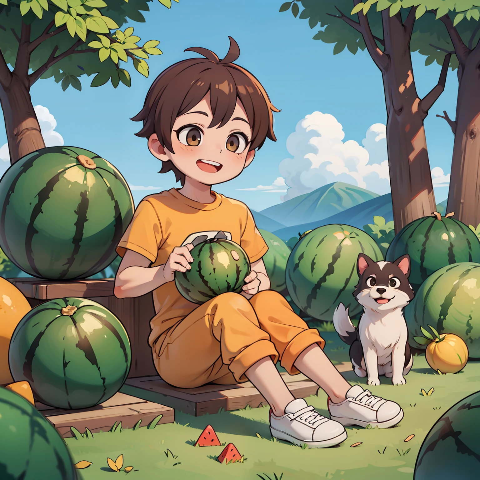 masterpiece, best quality, ruit,1boy, solo,eating,holding watermelon, (more Cut Watermelon:1.2),yellow shirt, male focus, brown hair, shirt, pants, holding, open mouth, sitting, smile, short sleeves, white footwear,sky,forest, dog,