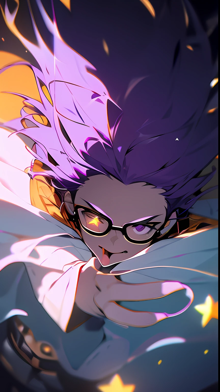 1 man, full body, hairstyle (short, disheveled) cowboy shot, (Rembrandt), illustration, (masterpiece), (highest quality), (super detail), fine detail, (depth of field), hinoai, gloves, tongue, tongue, star \ (symbol), camera gaze, (purple hair: 1.2), purple eyes, upper body, sunglasses, : black shirt, smile, plain shirt, symbol pupil, hands raised, bangs, One side up, star-shaped pupil, arm raise, roaring twenties, from above, sky, flower, cliff,