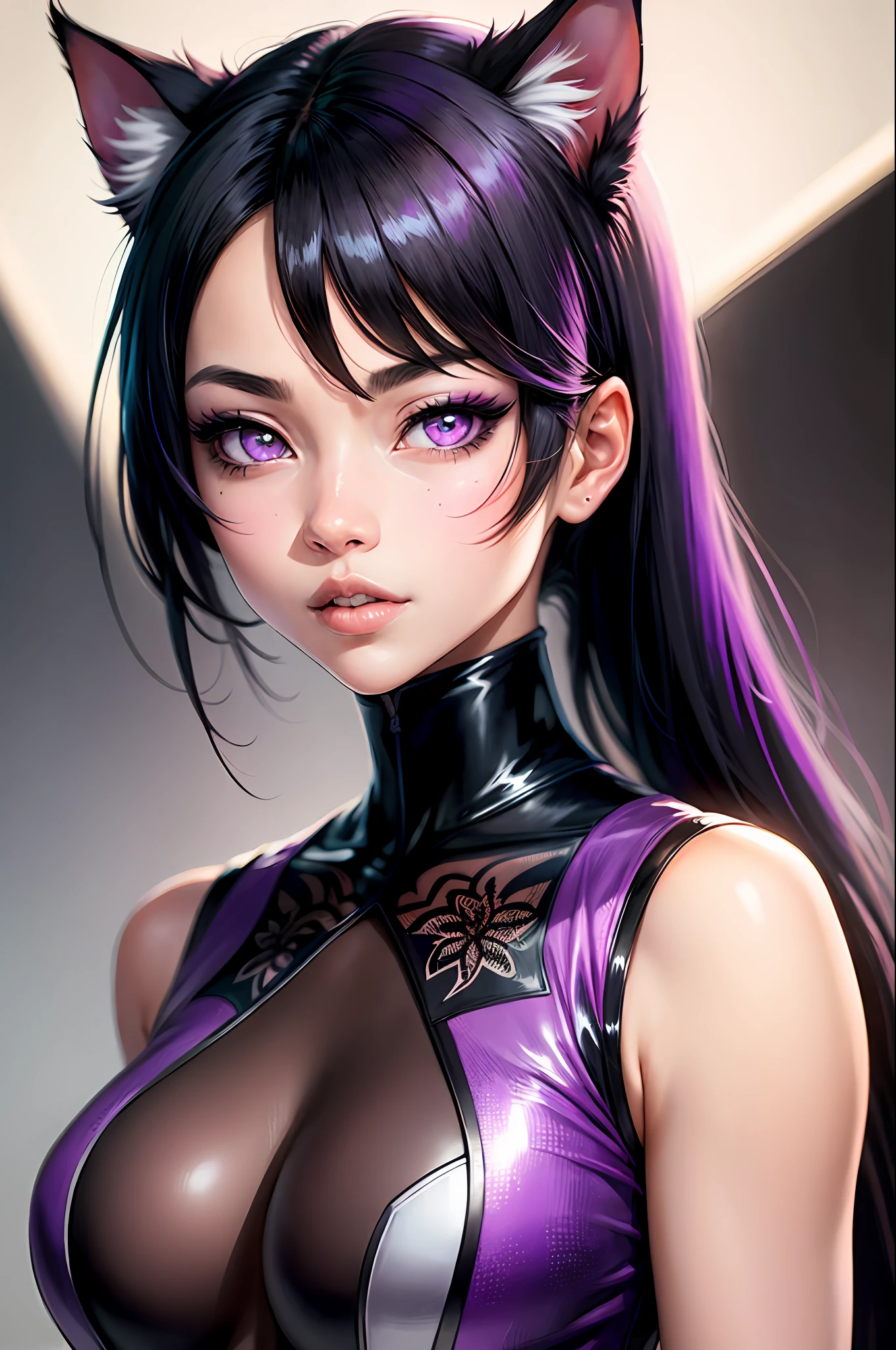 Anime Style Portrait of a sexy, African catgirl, with Jet-black Hair, purple eyes, dark-skinned, black cat ears, 1tail, perfect composition, hyper-detailed, 8K, high quality, perfect eyes, trending art, trending on artstation, sharp focus, studio photo, intricate details, by Tite Kubo