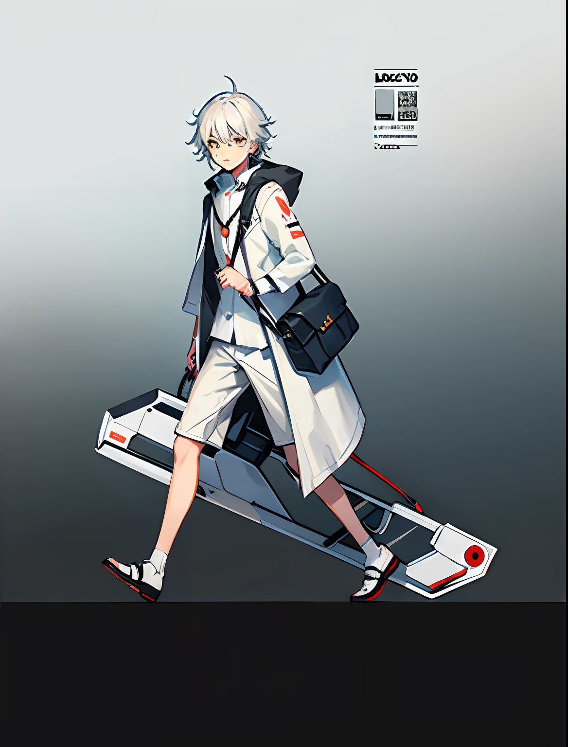 A boy, full body concept, detailed full body concept, ((character concept art)), detailed full body concept art, white clothes embellished with some gray, transparent plastic coat, walking with a satchel, silver hair, futuristic technology outfit, azure route style,