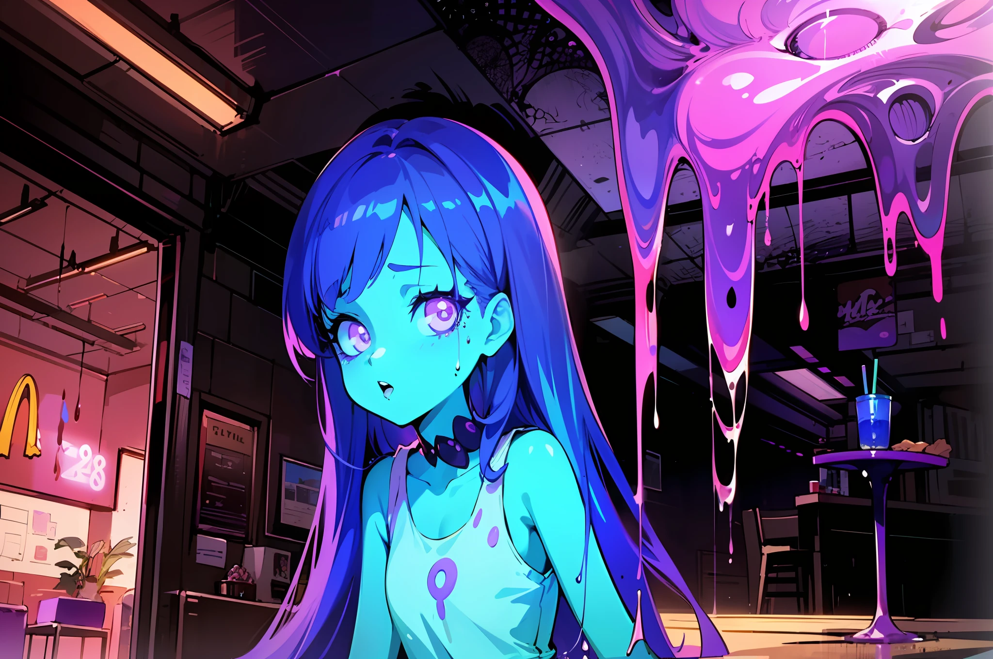 ((vintage mcdonalds fast food restaurant)), (((liminal horror))), (((analog horror))), (((dim lighting))), (((flickering lights))), ((spilled purple shake)), (((purple lighting))), (((purple horror atmosphere))), purple ooze, mind-controlled anime character sitting at a desk with spilled purple shake in tall clear plastic shake cup, (((clear tall plastic cup knocked over))), (((purple shake oozing everywhere))), ((purple shake oozing across desk onto floor)), ((purple shake splattered on walls)), ((purple splatters on wall and floor)), (((glowing staring eyes oozing purple glowing liquid))), lofi girl, analog horror girl, lofi artstyle, lofi art, lofi portrait, lofi feel, lofi vibes, lofi, lofi vibe, lofi colors, lo-fi art, lofi hip hop, lofi girl aesthetic, lo-fi illustration style, lofi aesthetic, (((highly stylized 80s anime screenshot)))