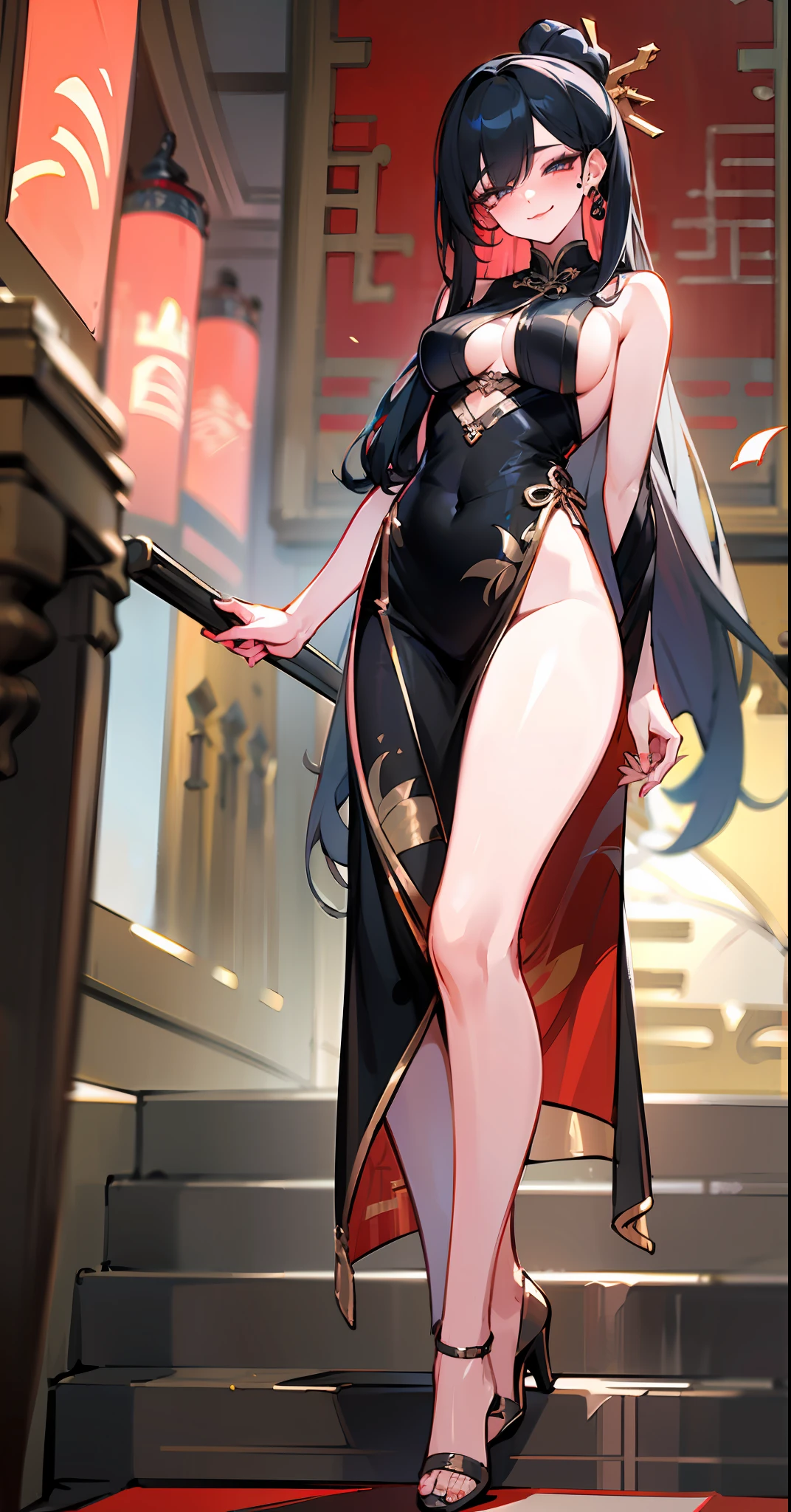 Sexy seductive lady, 30 years old, peach blossom eyes, smoky makeup, dark eye shadow, heavy makeup, silk high-forked cheongsam, stiletto heels, (bare legs), teasing expression, standing on the stairs, striped hair, black hair, moles under the eyes, makeup, anime style, seductive smile, kinky smile, chinese court, chinese feeling, lanterns, chinese knots, uhq, masterpiece, ,8k, best quality, ccurate, anatomically correct, highly detailed characters, stiletto heels, bare legs, rounded smooth bare legs, (8k, Original Photo, Best Quality, Masterpiece,,:1.2), ((Character) Concept Art), Full Body Concept, Fine Details, Screen Center,