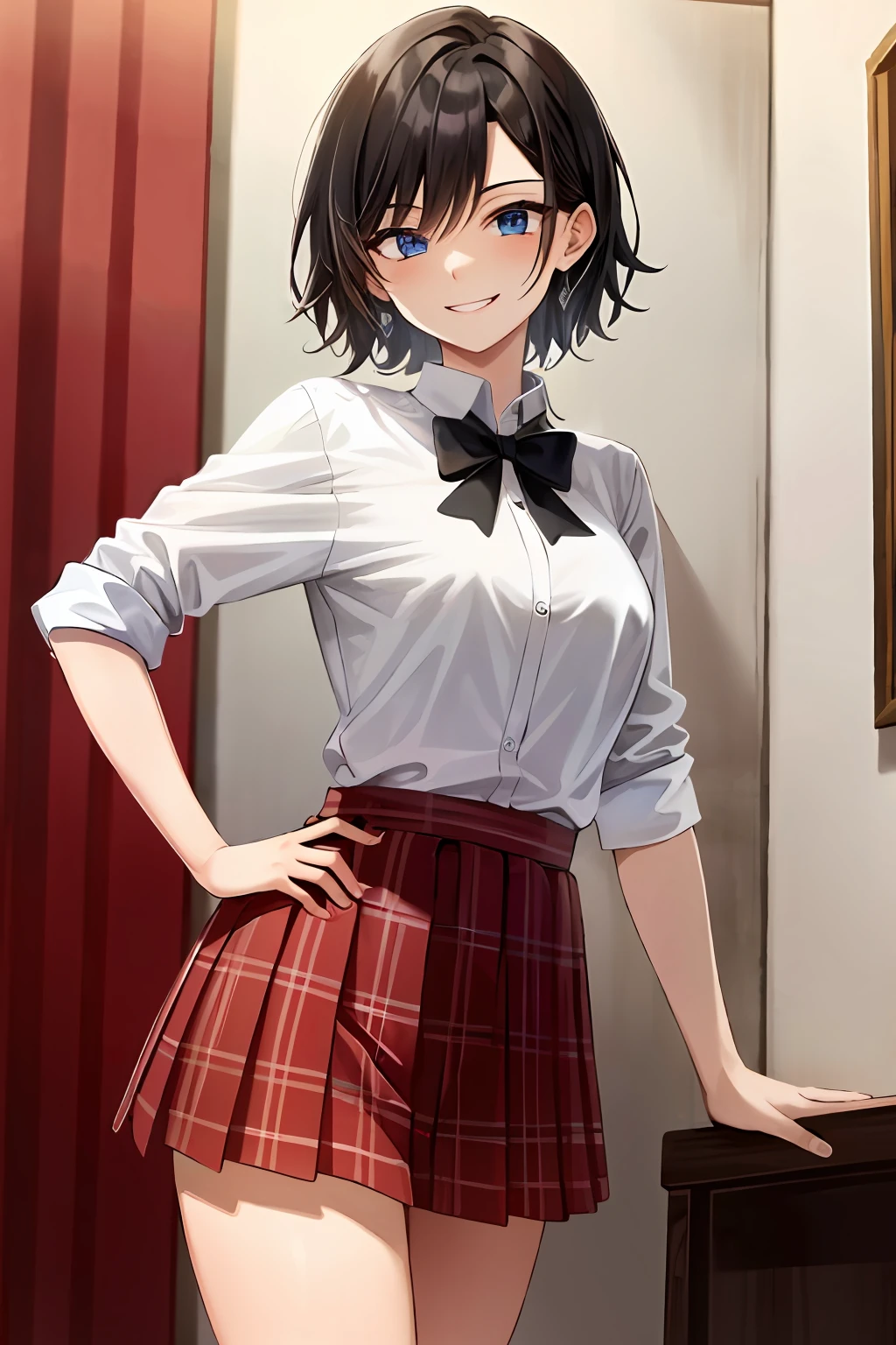 Masterpiece, top quality, high resolution, masterpiece, adult woman, single, white shirt, pleated mini skirt, red plaid miniskirt, short hair, evil smile, black hair, bad smile, evil plan, blue eyes, love hotel room