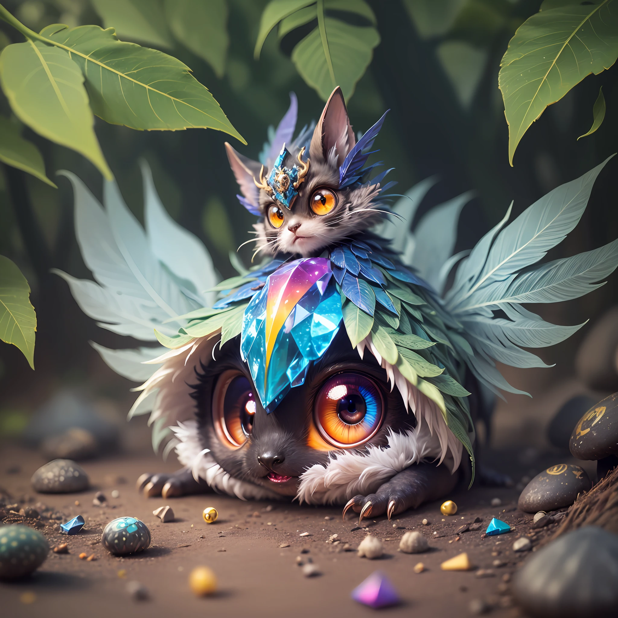 ((4 eyes kokkoni cute (very tiny monster) have rainbow colorful body, claws hands,leather feather skin): add crystal gem,cube,mushrooms,chaos,yin yang, magical ),(super cute effect),(chibi),(3m sticker collection:1.0),lay in the forest, (hip hop freestyle),(random zodiac).(185m.m), high resolution,(3d toy),full hd, uhd, 8k, intricate details ,high images quality, — ar 1024:2048, —zoom 2 --auto --s2