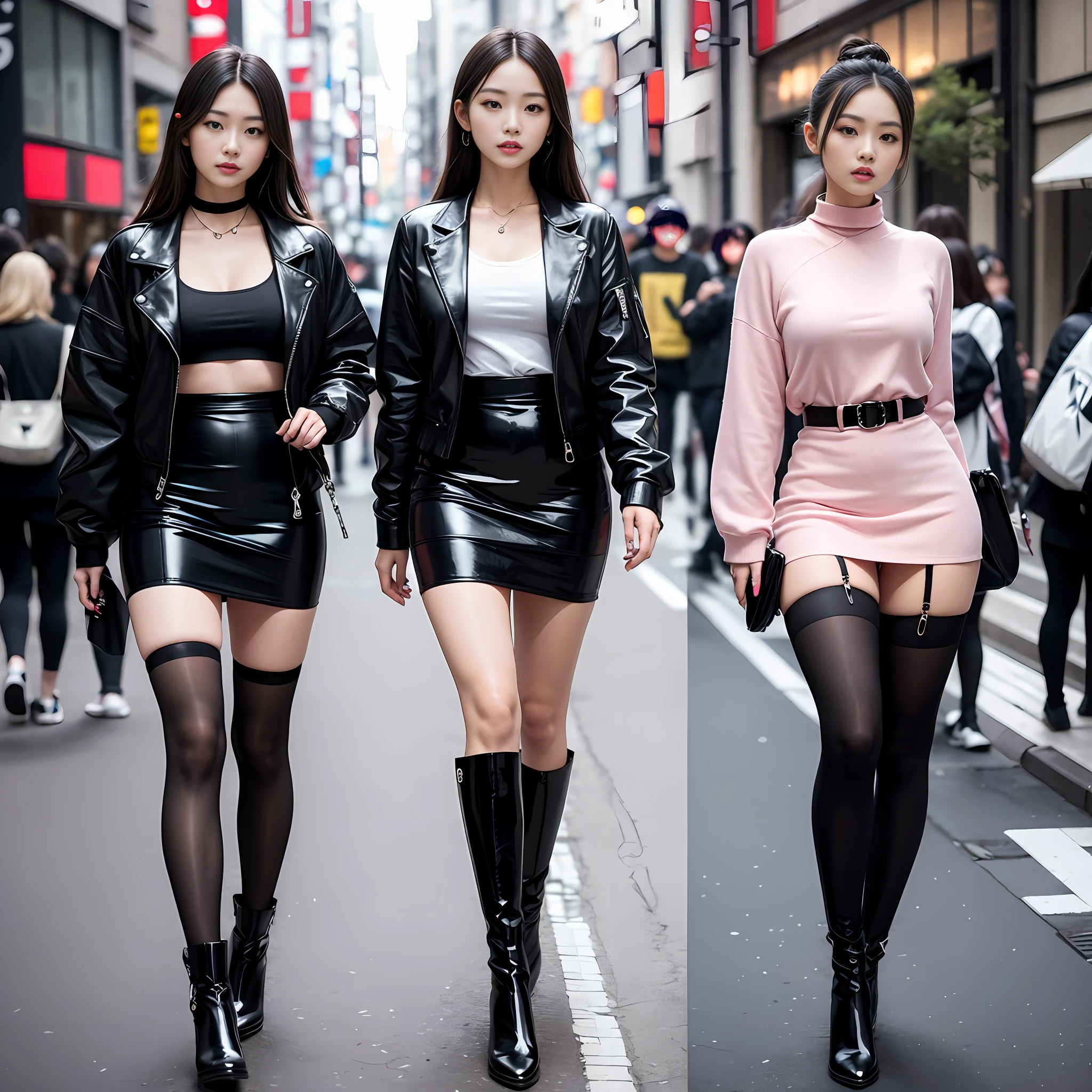 A woman in a white top and black boots standing on the street, Chinese female fashion model, black tights, short skirt and short jacket, Japanese city street fashion, black pink Rosan Park, she wears streetwear, japanese street fashion, Tokyo fashion, streetwear woman, jacket and skirt, street fashion, harajuku street fashion, beautiful woman walking in the wind, black gloves, over-the-knee patent leather red boots, tall, long legs, perfect body proportions, thin waist, black suspender stockings, tall, Slender body, nine-headed body, big eyes, beautiful and exquisite face, perfect body details, perfect body proportions, perfect visual proportions, fashion shooting, glamorous, feminine, delicate, highlighting female curves, subtext: sexy, confident. Chinese woman --auto --s2
