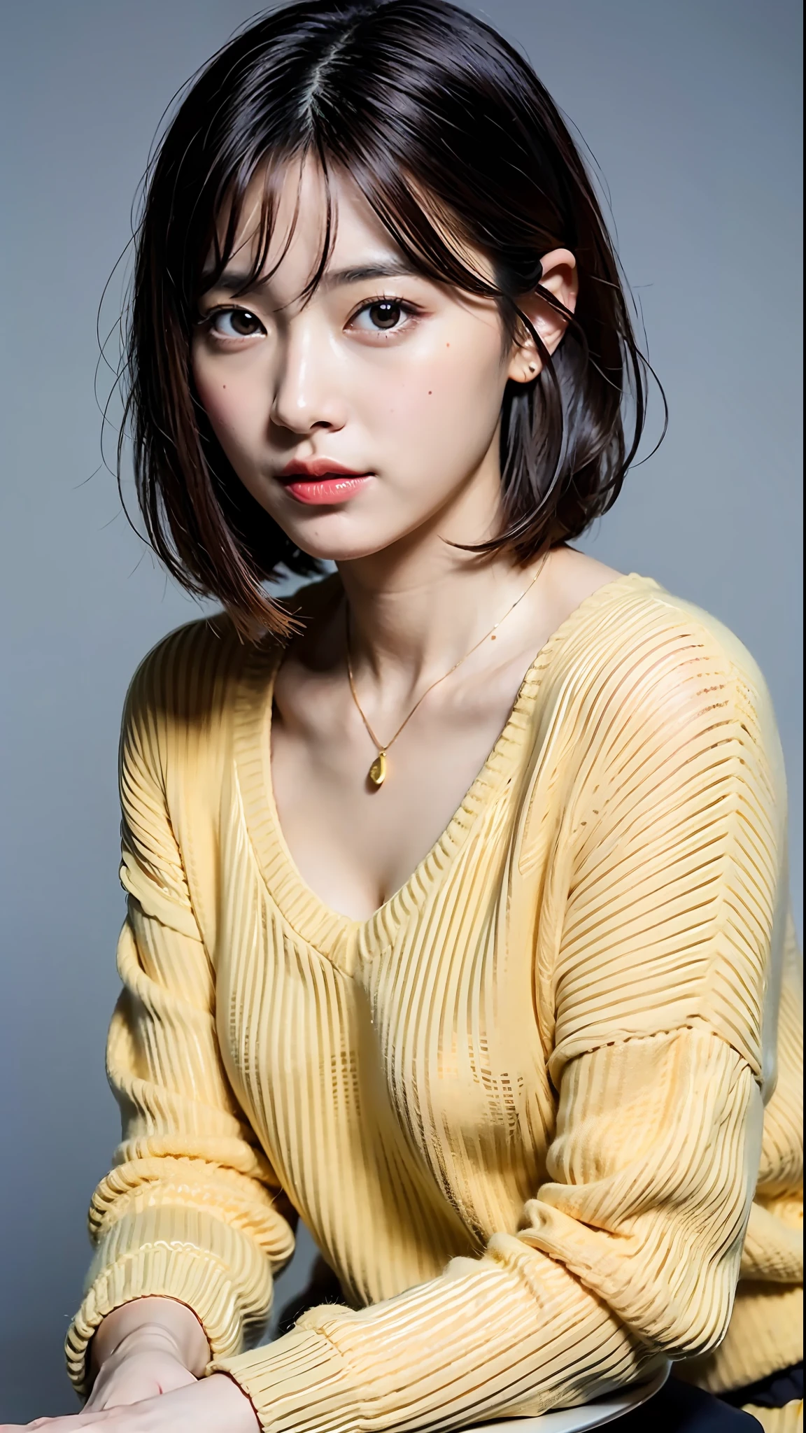 (Best Quality, 8k, 32k, Masterpiece, UHD: 1.2), Cute Japan Woman Pictures, Very Short Bob Hair, Face Focus, (oversized_sweater,:1.1) Necklace, Simple Background, Watch Viewer, Leaning Forward, Full Body