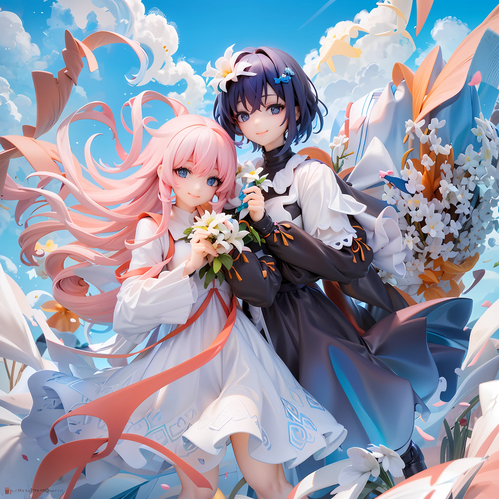 Two girls, beautiful light blue eyes, seductive smile, holding a bouquet of white flowers in front of chest, light pink hair, long hair, beautiful white dress, dark blue hair, white flower hair ornament, short cut, white and dark blue dress, blue sky, white clouds, clear weather, pastel colors, happiness, love