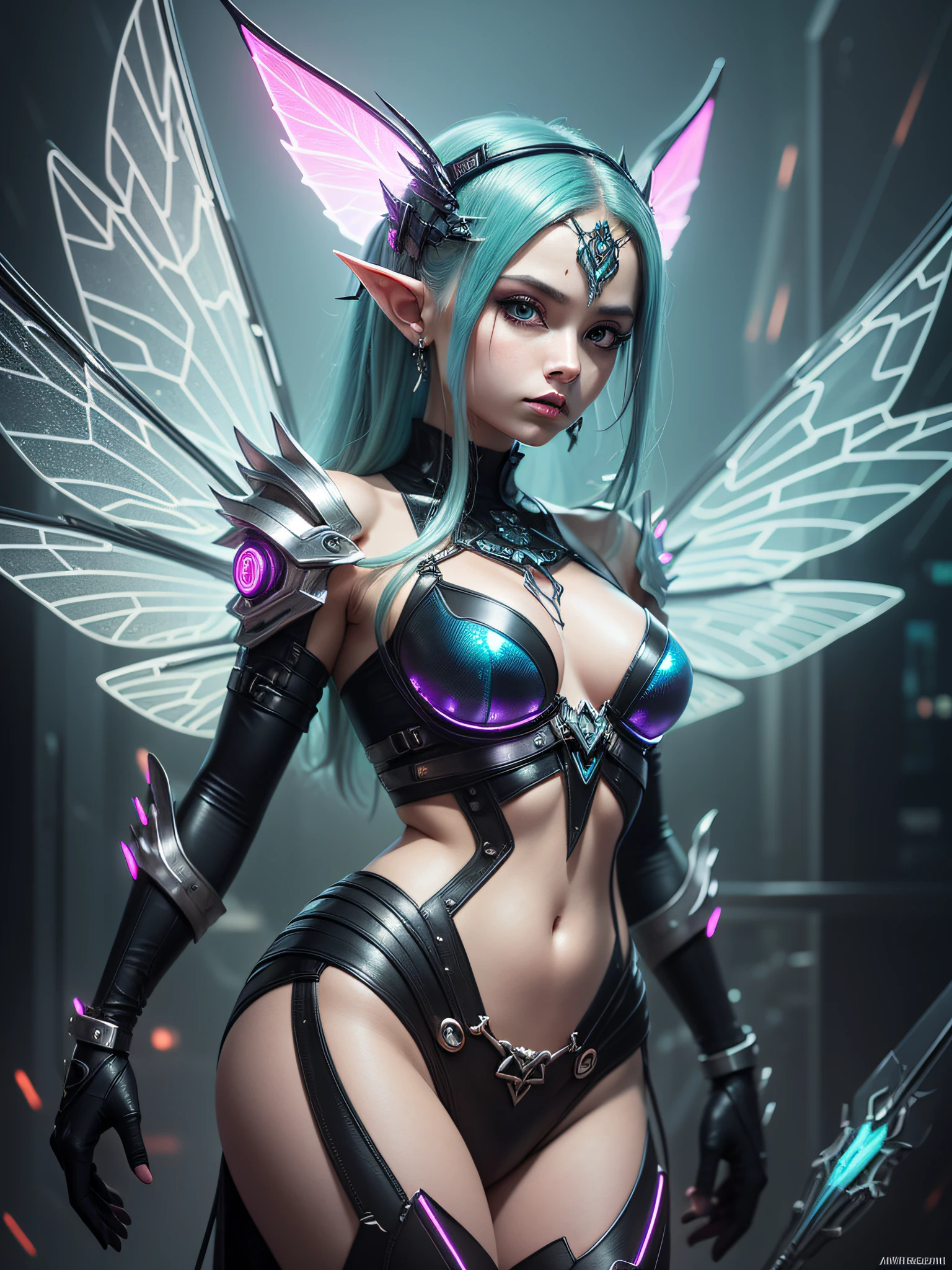 "Image Type: Concept Art.
Subject: A reinterpretation of the classic Zelda fairy, transformed into a cyberpunk vision. She has intricate, glass-like wings that emit a subtle neon glow. She has sleek chrome and neon enhancements replacing or augmenting her classic look.
Art Style: Cyberpunk aesthetics with high detail and contrast, neon glow against a darker, grittier backdrop. Traditional fairy imagery meshed with futuristic elements, creating an interesting juxtaposition."